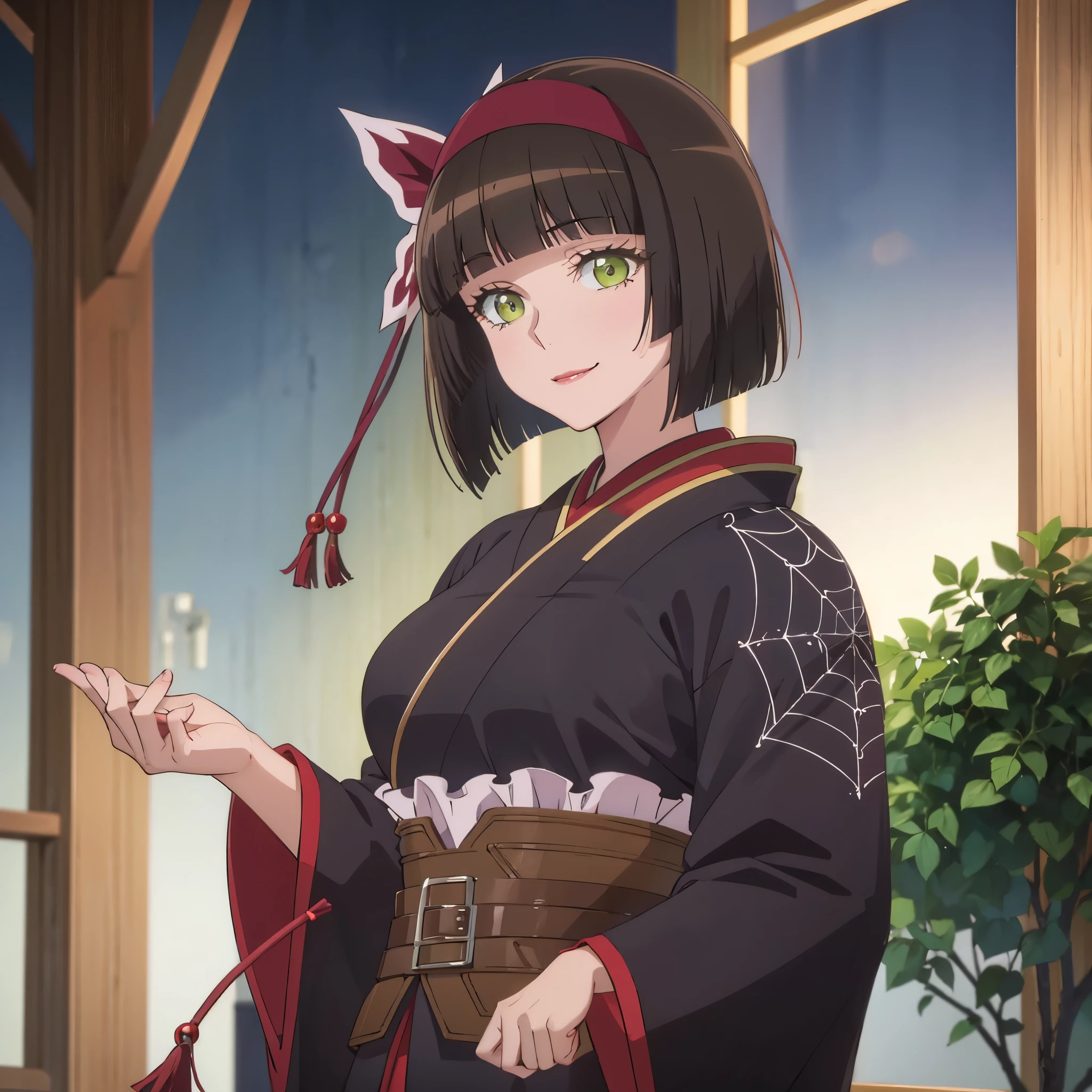 A woman with short dark brown hair, faint green eyes, smiling in a fantasy world forest, big breast,black kimono with red details and spider web details.
