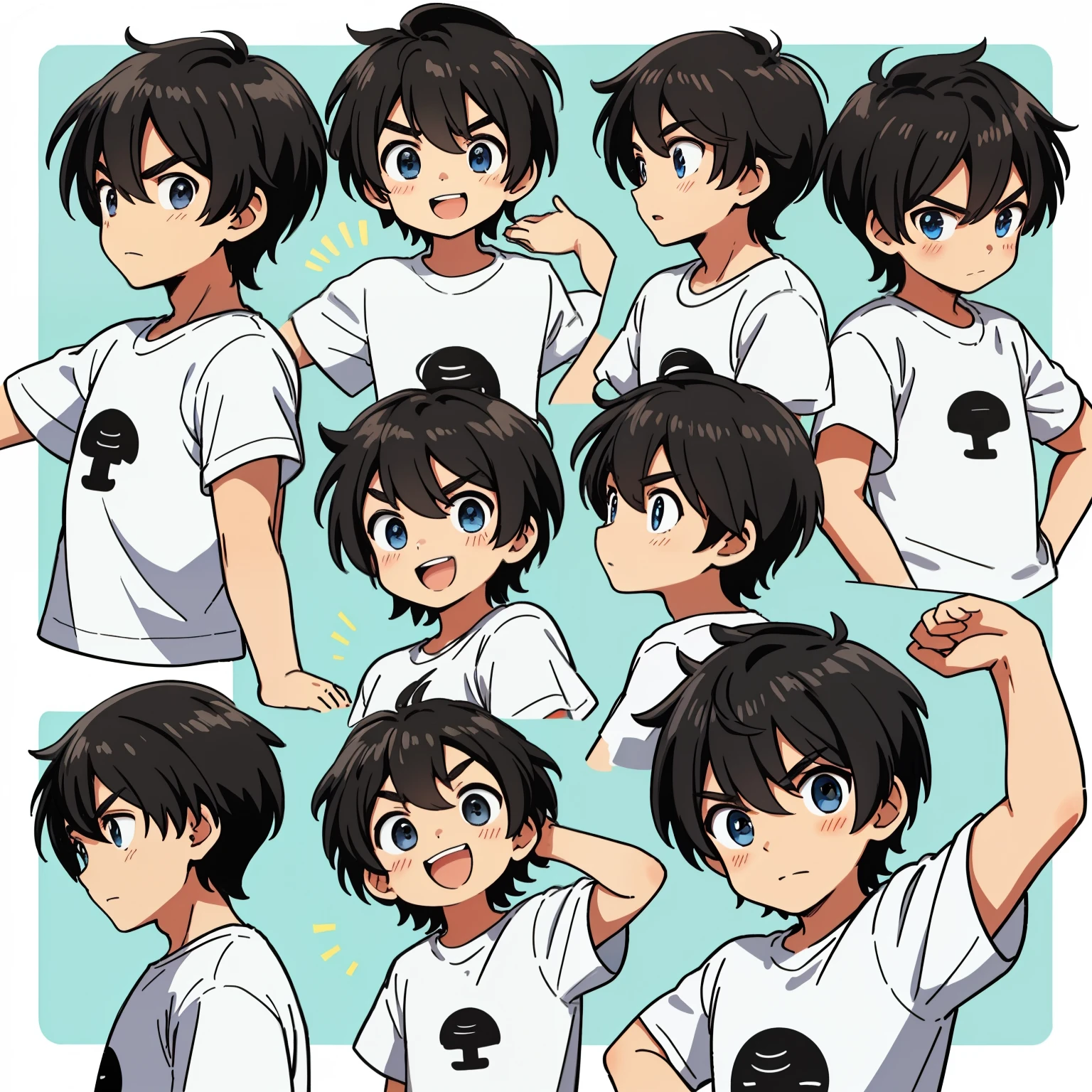 black strokes 9 grid image。Comes in 9 poses and facial expressions.、express different emotions。He is wearing a white T-shirt、boy with short hair