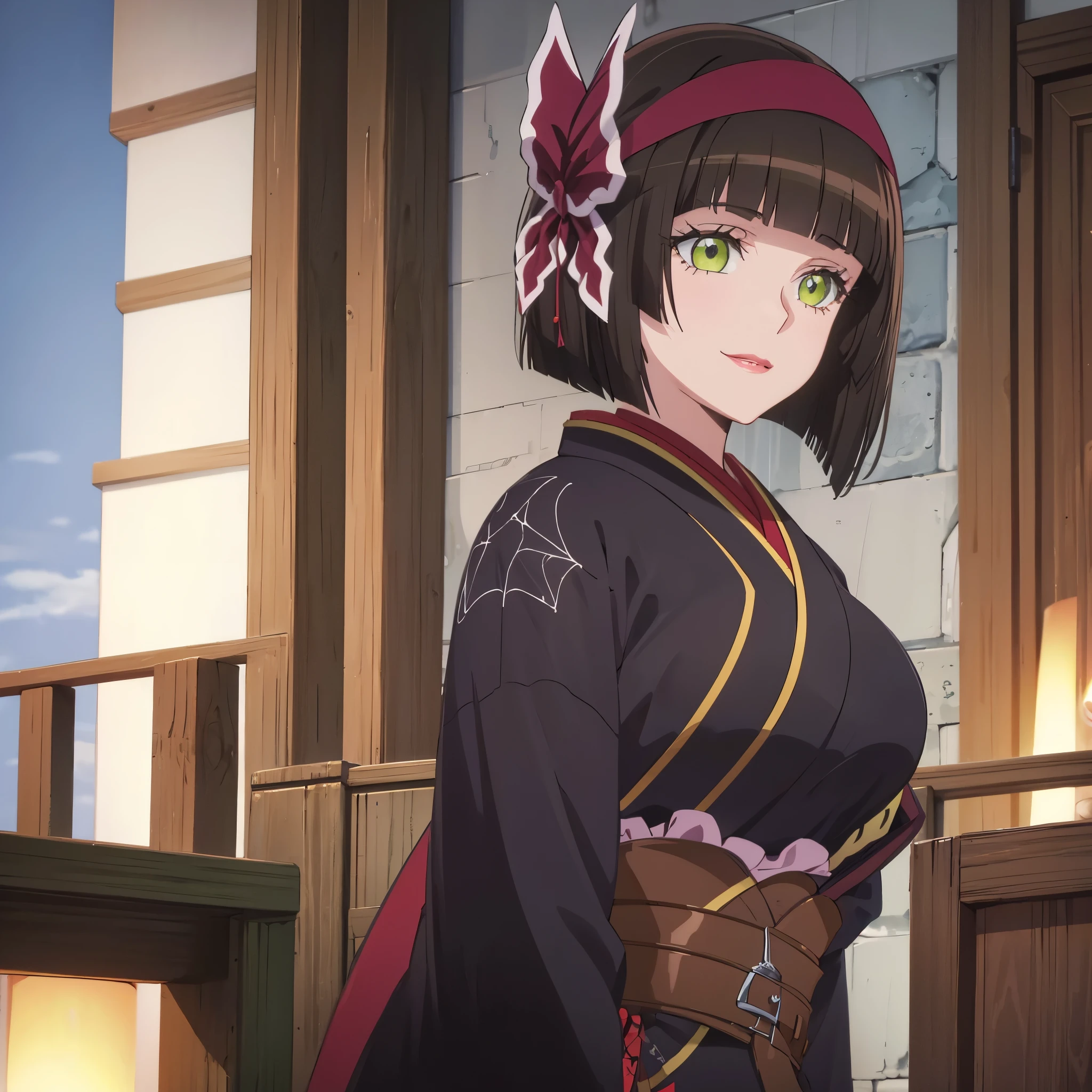 A woman with short dark brown hair, faint green eyes, smiling in a fantasy world forest, big breast,black kimono with red details and spider web details.
