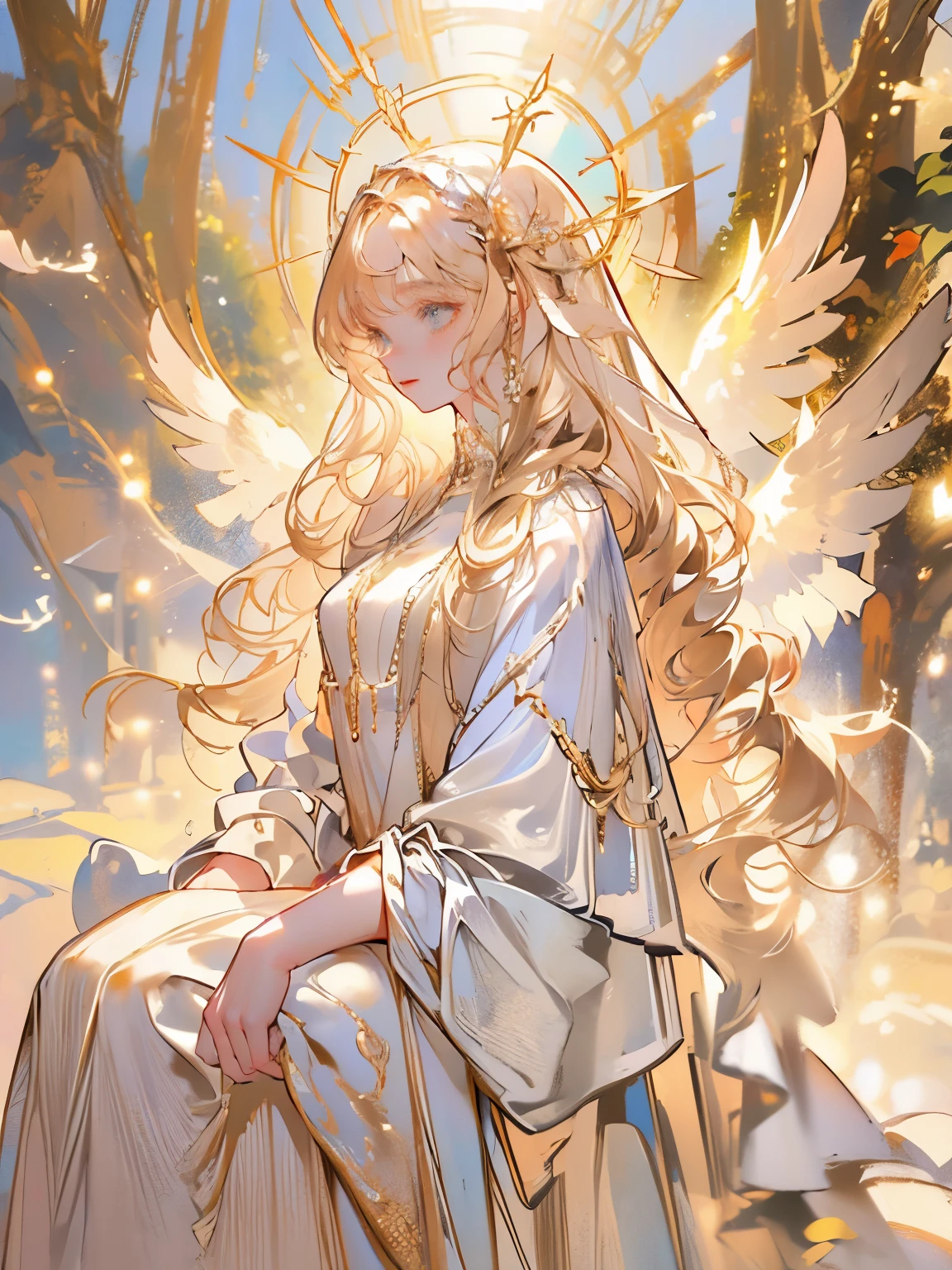 (masterpiece, top quality, best quality, official art, beautiful), Extreme Detail, female, blonde hair, long hair, with bangs, blue eyes, white dress, white skirt, sky, birds, feathers, halo, wings, aura