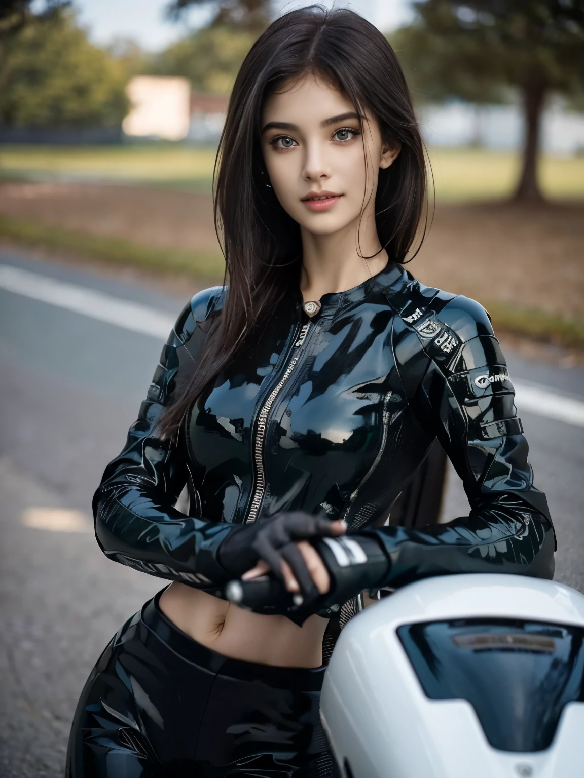  (realistic:1.5), 8k, Super delicate beauty, 1 girl, intricate body details, (short: 1.3), (highest quality: 1.0), (Super high sharpness: 1.0),（Beautiful and delicate depiction of eyes）,((((ride a motorcycle)))),unreal engine:1.4, photorealistic:1.4, skin texture:1.4, masterpiece:1.8,highest quality、smile、long limbs、((Dark green racing suit and long pants))、thin、short hair