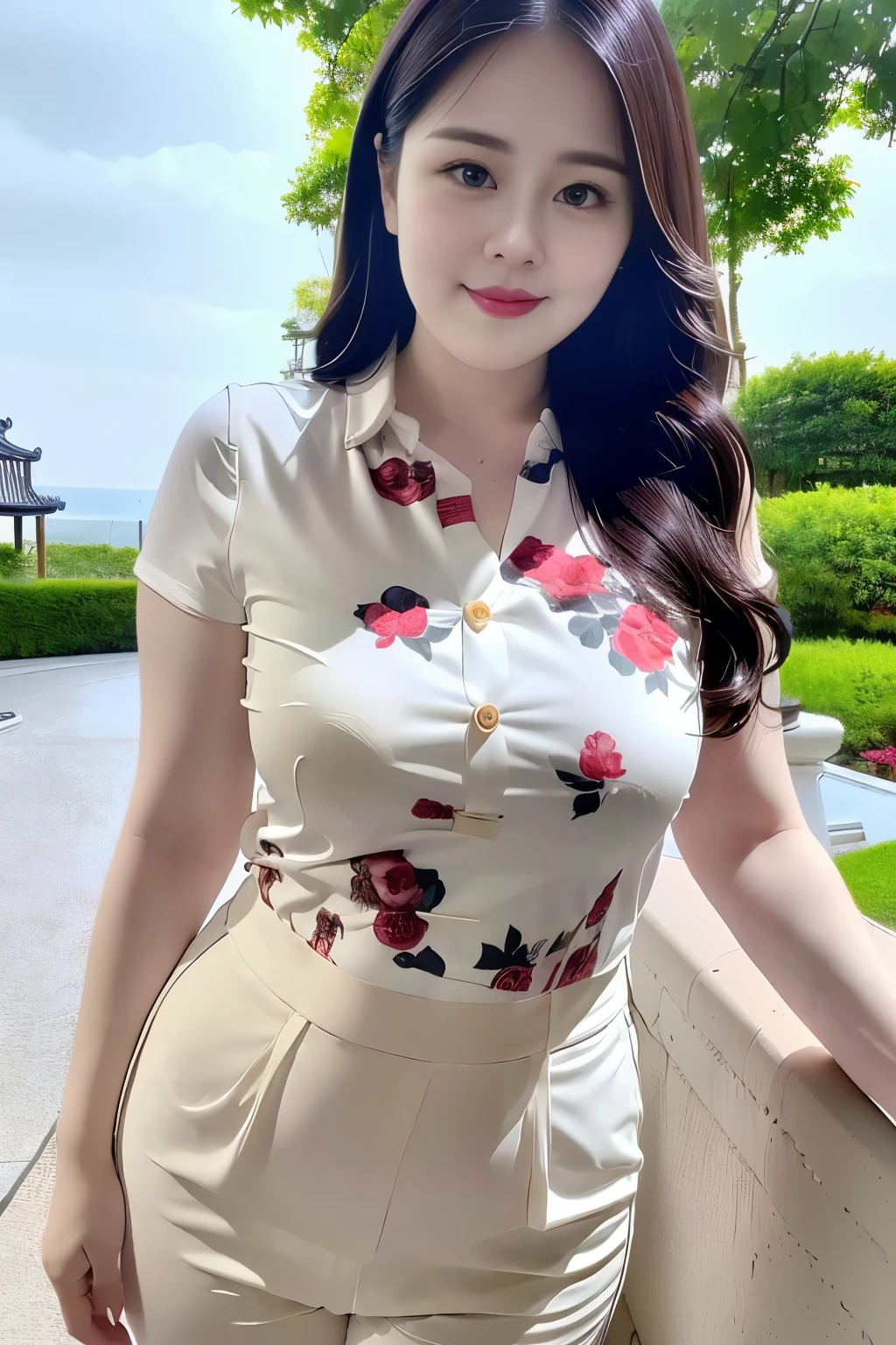 ((top quality、8k、masterpiece:1.3))、sharp focus, High level of image quality, high resolution,Draw lips correctly, red lipstick, from chest up, best quality, Super detailed, lifelike, Super fine skin, perfect anatomy, (Chinese women), (alone)Wear a floral green shirt,Buttons clearly visible,The buttons are all buttoned,white pants,。40 year old female,adult,charming smile,Chubby face,Round cheeks, ,Fat face,Chubby round face,big eyes,wavy long hair,Big breasts,Chubby body,,Leg length,stand,stand up,beach background