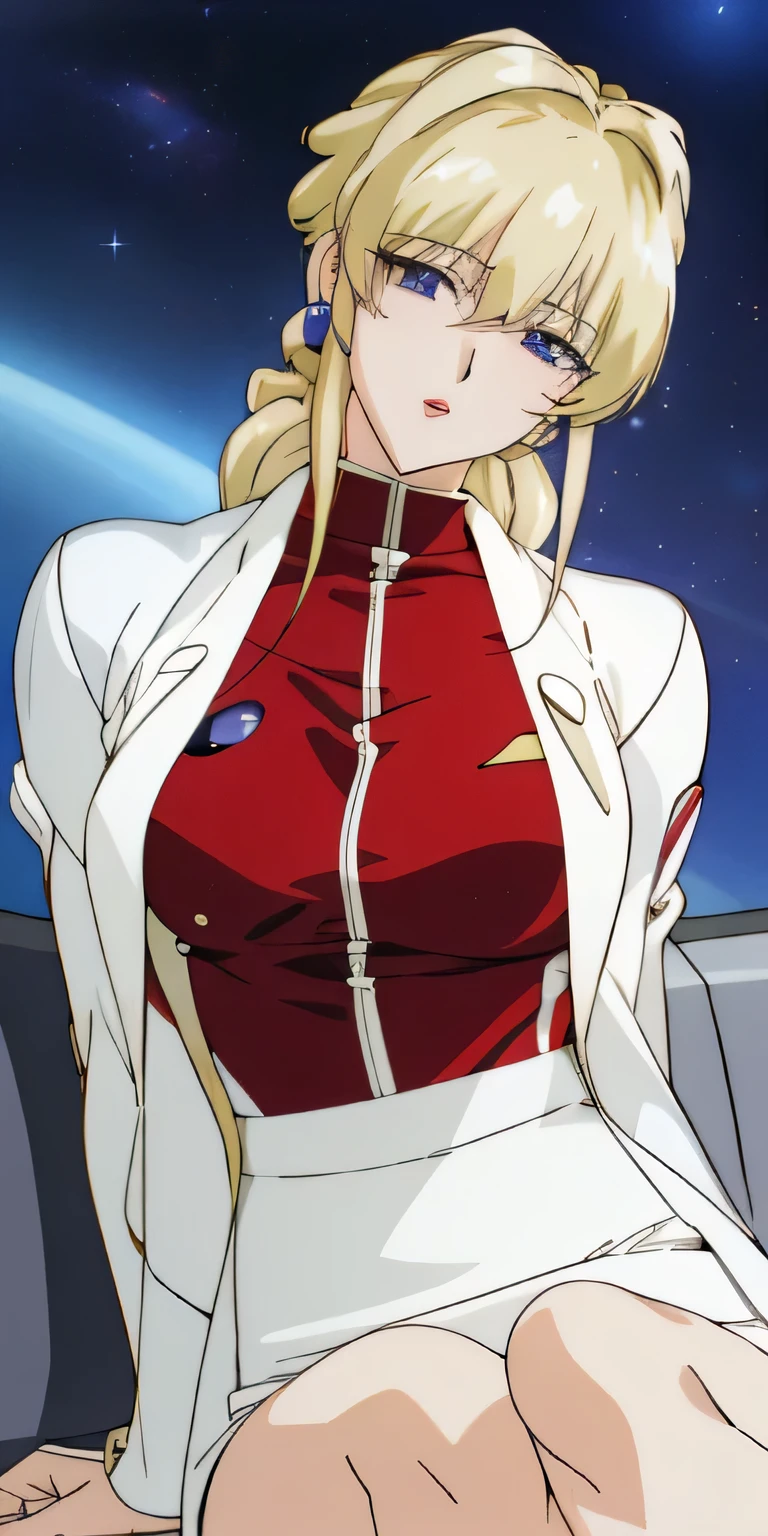 NSFW,1 girl,Ines Fressange, ,red_turtleneck_shirt_white_pencil_skirt_white, masterpiece, (highest quality), detailed face, beautiful eyes, fine skin,soft lips,High resolution,anime CG,space background,slim thighs,knees,((whiteいレースパンティー:1.0)),isometric, (((realistic))), realistic, blonde hair , blonde public hair ,((whiteいレースのパンティー:1.0)),whiteいガーターベルト ,anime Key Visual of elegant, (Anime original picture), Key Visual, Anime visuals of cute girls, 詳細なAnime original picture,(sitting )from the front