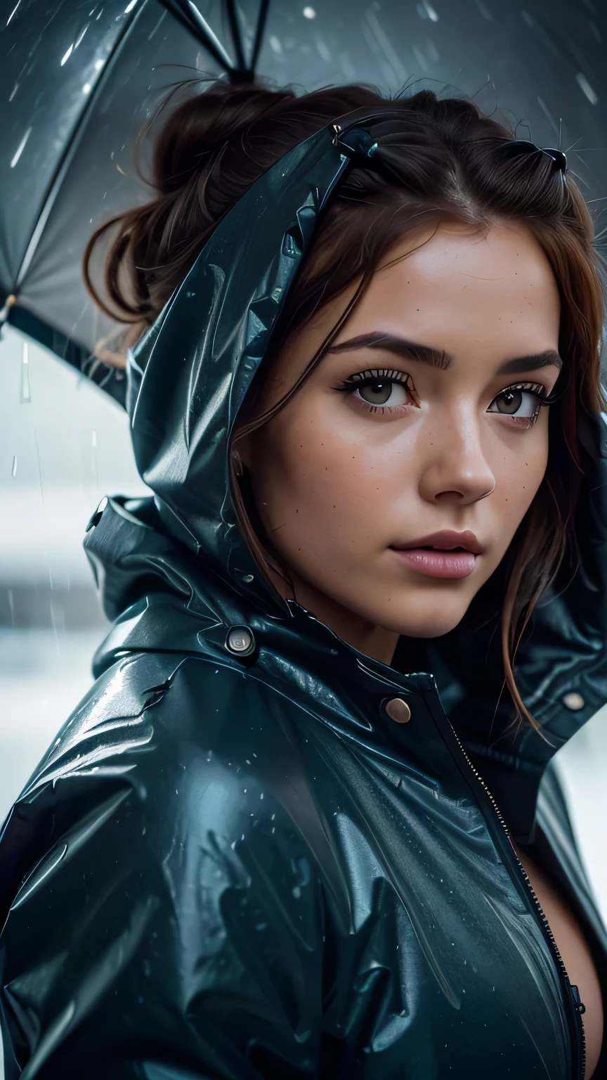 ((High resolution)), (body portrait)) Press photo shooting, ((pilot))((wearing an open raincoat and lingerie)), ((Lockheed Vega 5B in the Arctic)), ((fascinating)), ((bun hair)), ((looking at camera)), be familiar with, be familiar with pretty face, sharp focus, (be familiar with and intricate), 4k, Leica 35mm F2.8, Fuji Superia Reala 100、(((close up of face)))