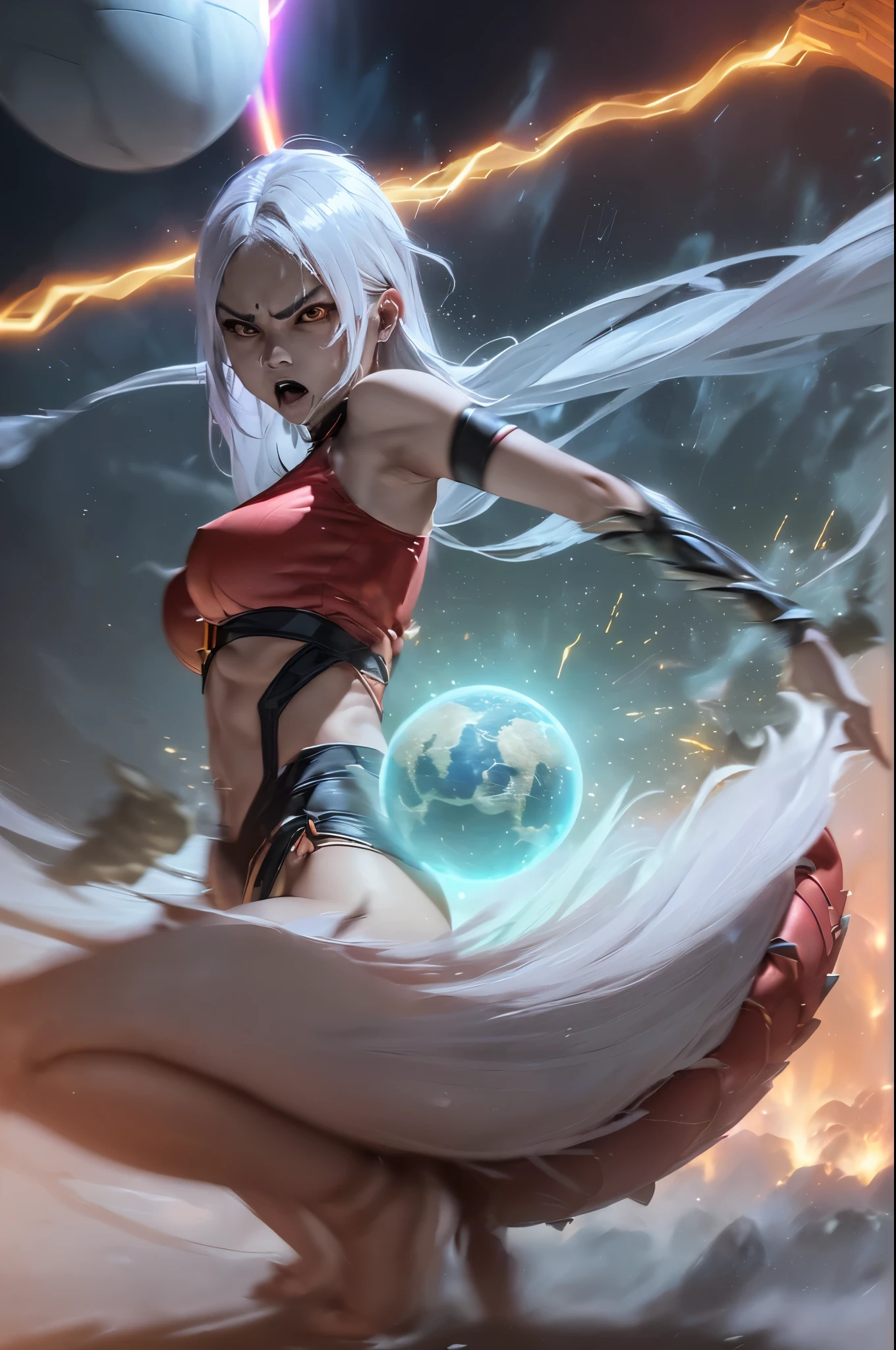 An (extremely fierce Gurung woman (age 35), slim and toned figure, ankle length platinum hair, tiny loose fighting clothes, explosive fury) is channeling her Ki energy (resembling lightning), into a ('DragonBall' a large pulsing sphere of rainbow power being circled by the ghost of a dragon), best quality, extremely high detail, dramatic views