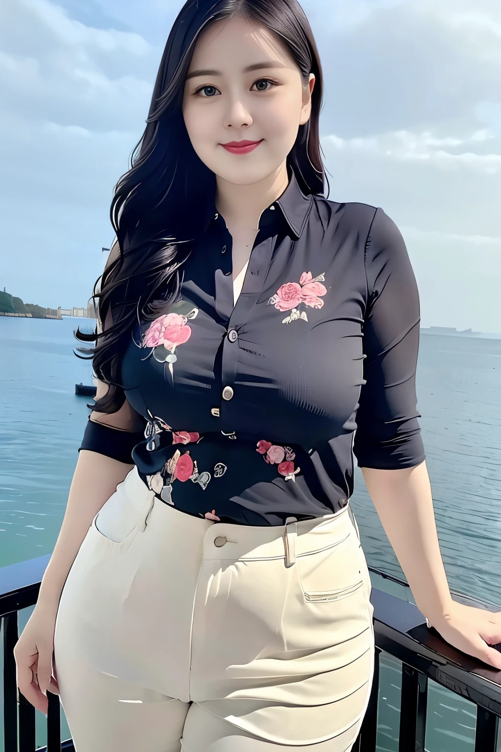 ((top quality、8k、masterpiece:1.3))、sharp focus, High level of image quality, high resolution,Draw lips correctly, red lipstick, from chest up, best quality, Super detailed, lifelike, Super fine skin, perfect anatomy, (Chinese women), (alone)Wear a floral green shirt,Buttons clearly visible,The buttons are all buttoned,white pants,。40 year old female,adult,charming smile,Chubby face,Round cheeks, ,Fat face,Chubby round face,big eyes,wavy long hair,Big breasts,Chubby body,,Leg length,stand,stand up,beach background