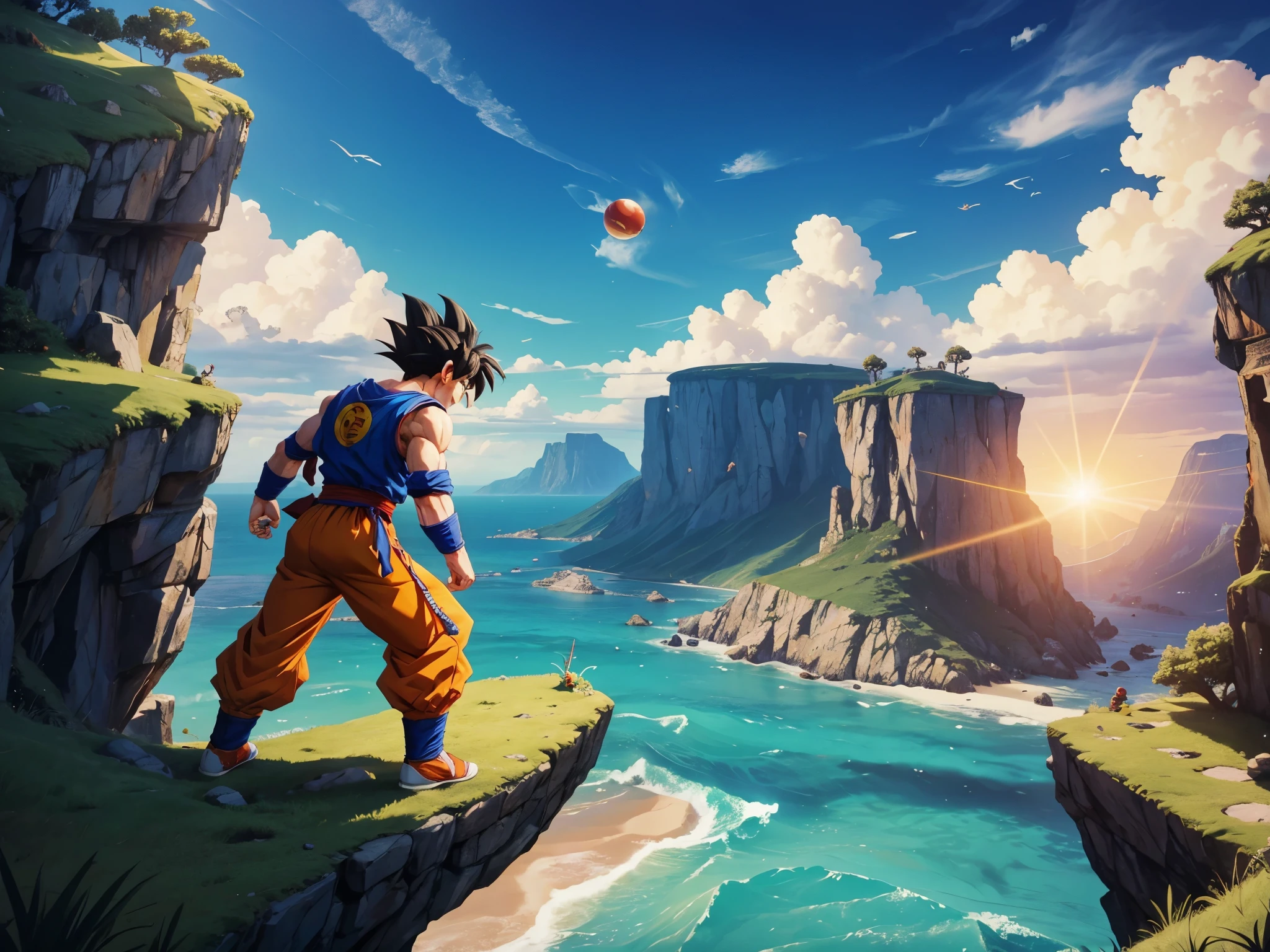 Dragon Ball, seven balls floating around Shenron, Goku pointing at them from the top of the cliff.