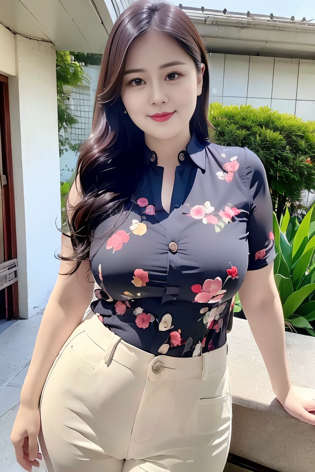 ((top quality、8k、masterpiece:1.3))、sharp focus, High level of image quality, high resolution,Draw lips correctly, red lipstick, from chest up, best quality, Super detailed, lifelike, Super fine skin, perfect anatomy, (Chinese women), (alone)Wear a floral green shirt,Buttons clearly visible,The buttons are all buttoned,white pants,。40 year old female,adult,charming smile,Chubby face,Round cheeks, ,Fat face,Chubby round face,big eyes,wavy long hair,Big breasts,Chubby body,,Leg length,stand,stand up,beach background
