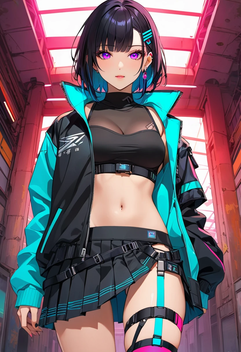 1 girl, 独自of, 长of_hair, Bangs_between_this_eyes black_hair_and_share_绿色of, pair_color_ 绿色of_neon eyes, 性感of_Face, 手中握著一把插在地上of劍, cyberpunk_clothiss, 短of_jacket, navel appears, 短of_skirt, scar红色of_leg, left_arm_band, tattoo_more than_navel_background_of_abandoned_AIRPORT_红色of, comics_style_image .