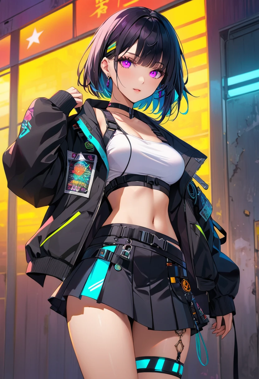 1 girl, 独自of, 长of_hair, Bangs_between_this_eyes black_hair_and_share_绿色of, pair_color_ 绿色of_neon eyes, 性感of_Face, 手中握著一把插在地上of劍, cyberpunk_clothiss, 短of_jacket, navel appears, 短of_skirt, scar红色of_leg, left_arm_band, tattoo_more than_navel_background_of_abandoned_AIRPORT_红色of, comics_style_image .
