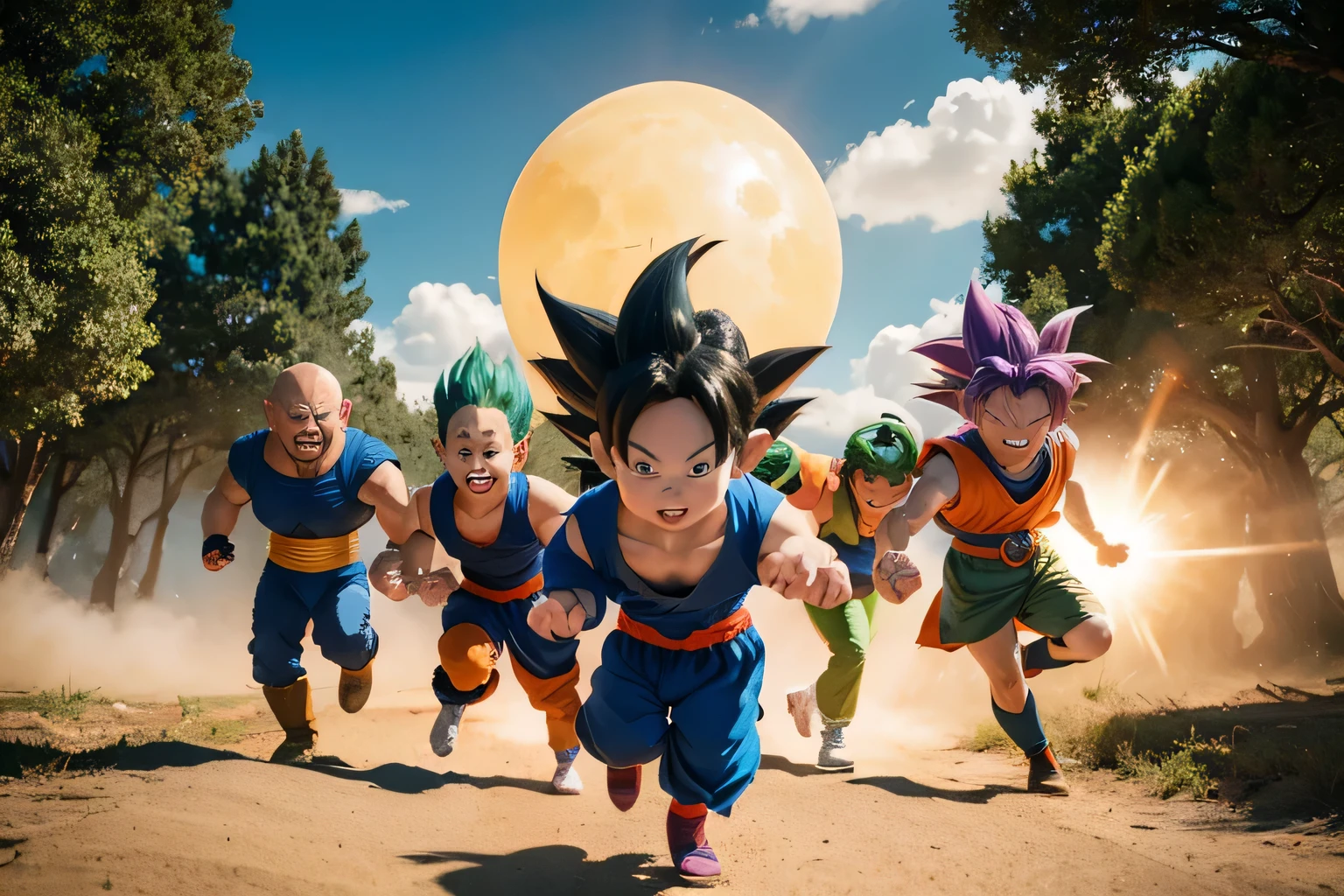 dragon ball characters running in a line with a background of trees, dragon ball, dragon ball, character dragon ball, dragon ball concept art, dragon ball z, dragon ball z, dragon ball style, inspired author：Akira Toriyama, Akira Toriyama风格, dragon ball super, dragon ball artstyle, author：Akira Toriyama, dragon ball z style