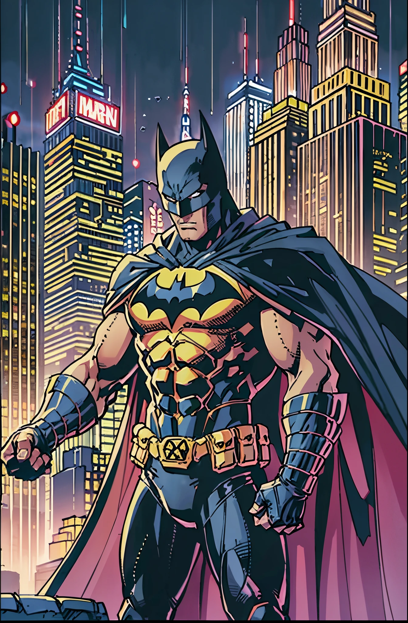 illustration, absurdres, masterpiece, 1boy, jim lee ,batman, standing, night, city, male focus,serious, on roof,cape,black armor, serious, cowboy shot, heavy downpour, floating cape,90s cartoons ,marvel comic，The background is New York City，Professional comic style, prominent contour lines