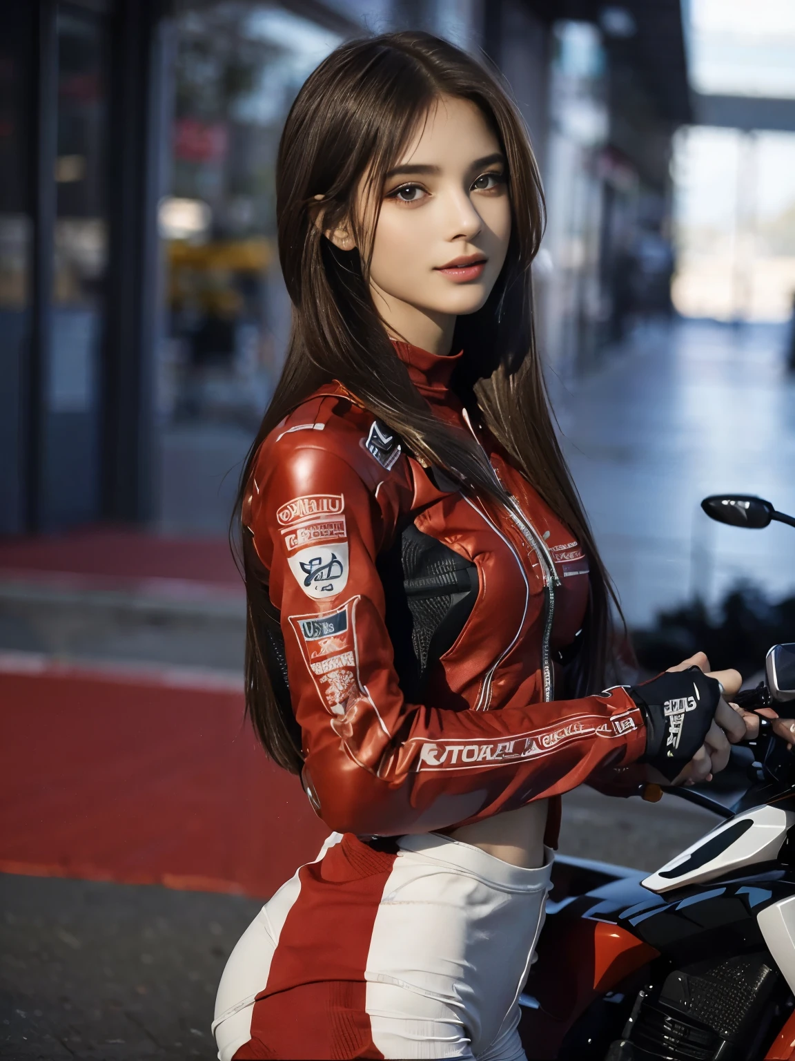  (realistic:1.5), 8k, Super delicate beauty, 1 girl, intricate body details, (short: 1.3), (highest quality: 1.0), (Super high sharpness: 1.0),（Beautiful and delicate depiction of eyes）,((((ride a motorcycle)))),unreal engine:1.4, photorealistic:1.4, skin texture:1.4, masterpiece:1.8,highest quality、smile、long limbs、((red racing suit and long pants))、thin、short hair