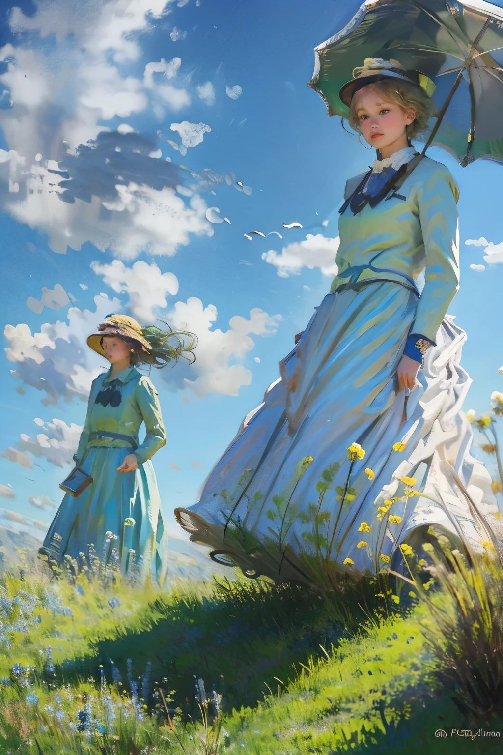 1girl, blonde_hair, blue_eyes, field, flower, grass, hat, mountain, outdoors, plant, scenery, short_hair, multiple_girls, long_sleeves, dress, holding, 2girls, sky, day, cloud, white_dress, blue_sky, umbrella, holding_umbrella, impressionist 