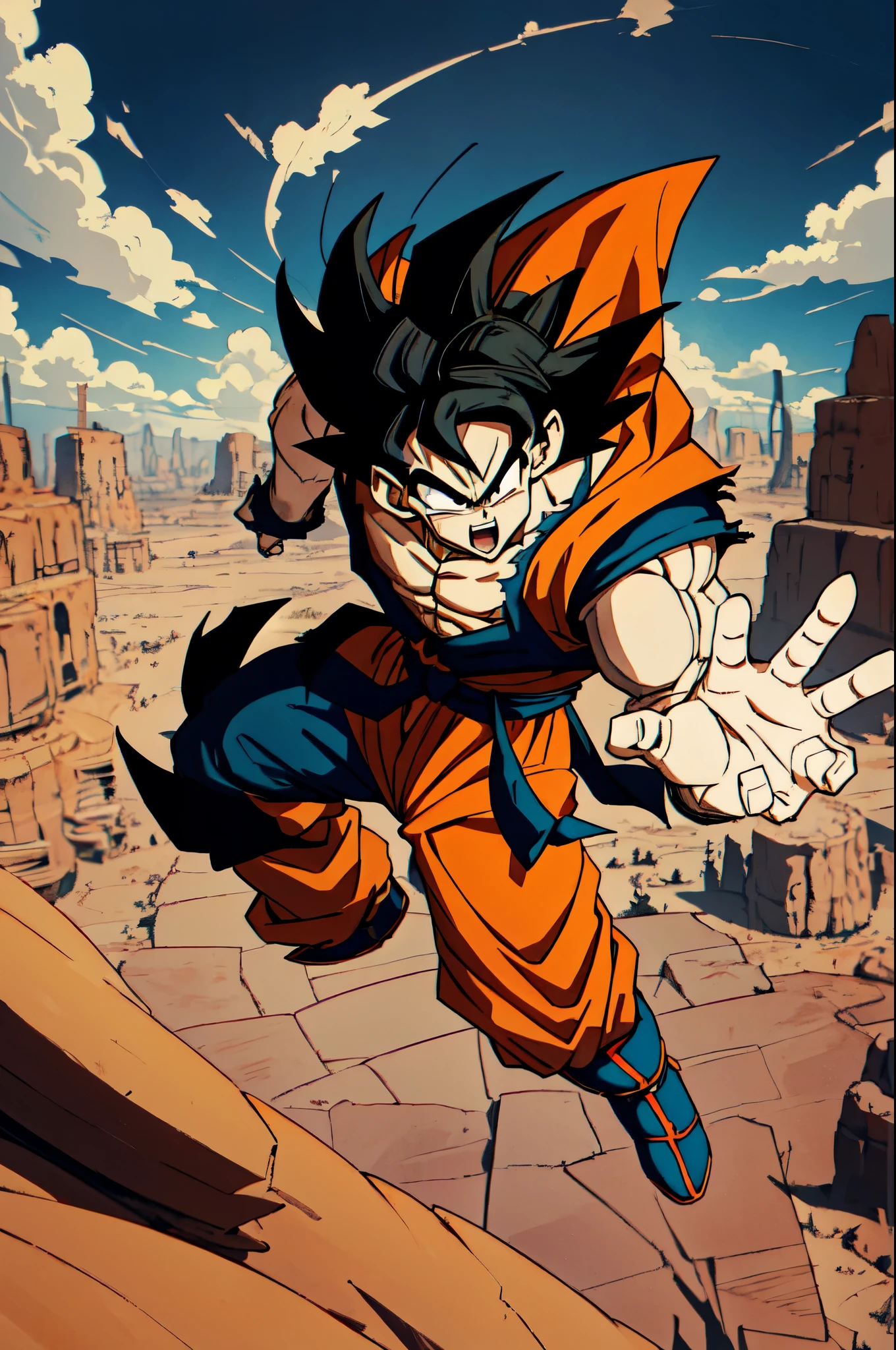 son goku, hands raised above head, holding a large spirit bomb above his hands, open hands, fingers, spread out, torn dougi, blue boots, shirtless, yelling, angry, facing viewer, looking at viewer, destroyed desert canyon in the background, dark thunderous clouds in the sky, mature face, muscular body, black eyes,