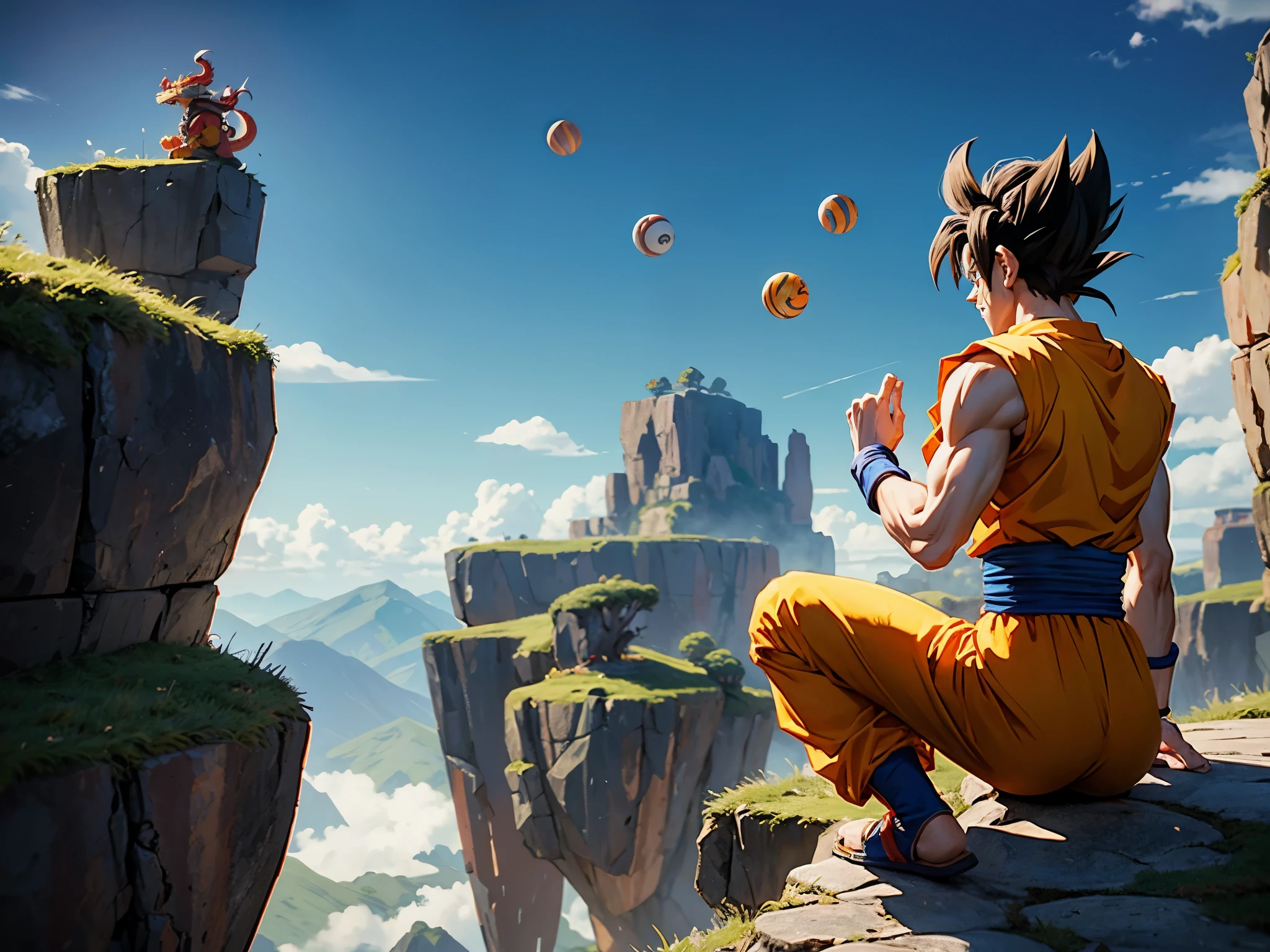 Dragon Ball, seven balls floating around Shenron, Goku pointing at them from the top of the cliff.