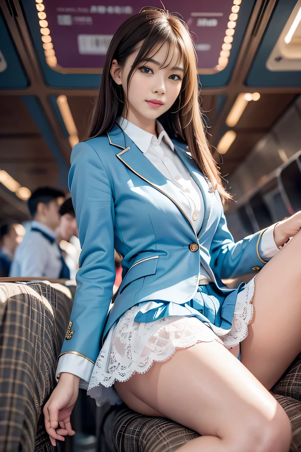 1 girl, blonde hair, bangs, long hair, straight hair, eyes shine, long eyelashes, compensate, bright eyes,(blue eyes) light smile, written boundary depth, one person'point of view, from below, wide angle, f/1.8, 135mm, canon, nffsw, retina, table top, Accurate, anatomically correct, rough skin, Super detailed, advanced details, high quality, High resolution, 1080p, hard disk, 4k, 8k(woman sitting on an airplane seat)、((beautiful flight attendant)),super beautiful,perfect body,(Beautiful with great care),((cabin attendant attire)),(Light blue jacket),(white mini skirt),smile gently,(stockings,high heels),full body photo,(lift the skirt)、(You can see the white lace panties),((spread your legs)),