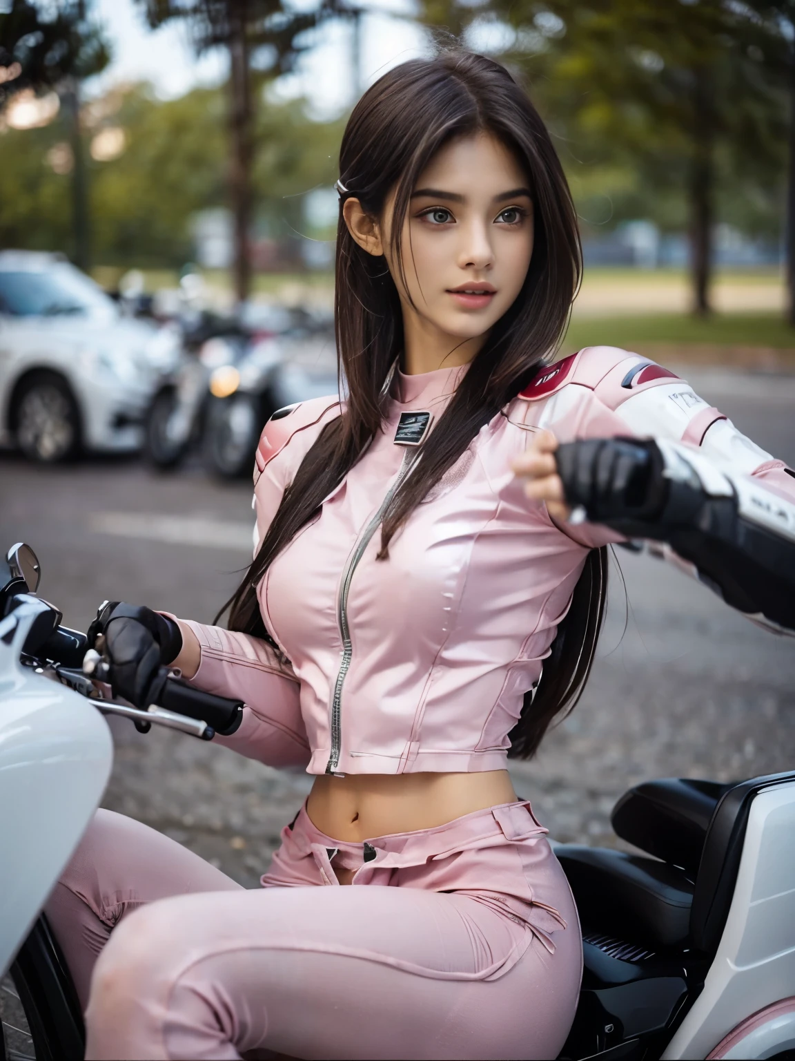  (realistic:1.5), 8k, Super delicate beauty, 1 girl, intricate motorcycle details, (short: 1.3), (highest quality: 1.0), (Super high sharpness: 1.0),（Beautiful and delicate depiction of eyes）,((((riding a motorcycle)))),unreal engine:1.4, photorealistic:1.4, skin texture:1.4, masterpiece:1.8,highest quality、smile、long limbs、((pink rider suit and long pants))、thin、short hair