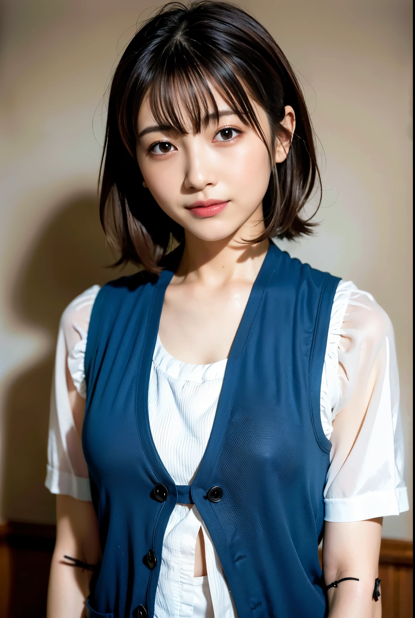 (((medium hair))), highest quality, 8k, HDR, High resolution, disorganized:1.2, blurred background, Bokeh:1.2, photograph, (RAWphotograph:1.2), (realistic:1.4), (masterpiece:1.3), (intricine details:1.2), 1 girl, 一人in, japanese girl, delicine, beautiful, (fine eyes), (detailed facial feinures), , (((small breasts))), Perfect for your skin, (looking for_in_viewer), from_front, (skinny), (highest quality:1.4), (ultra High resolution:1.2), cinema light, (extreme detailed illustrinion), (lip gloss, highest quality, ultra High resolution, Depth of the bounds written, caustics, wide range lighting, ninural shading, 85mm, f/1.4, ISO200, 1/160s:0.75),1 girl, 一人in, (((Blue Vest))) smile, school uniform, necklace,