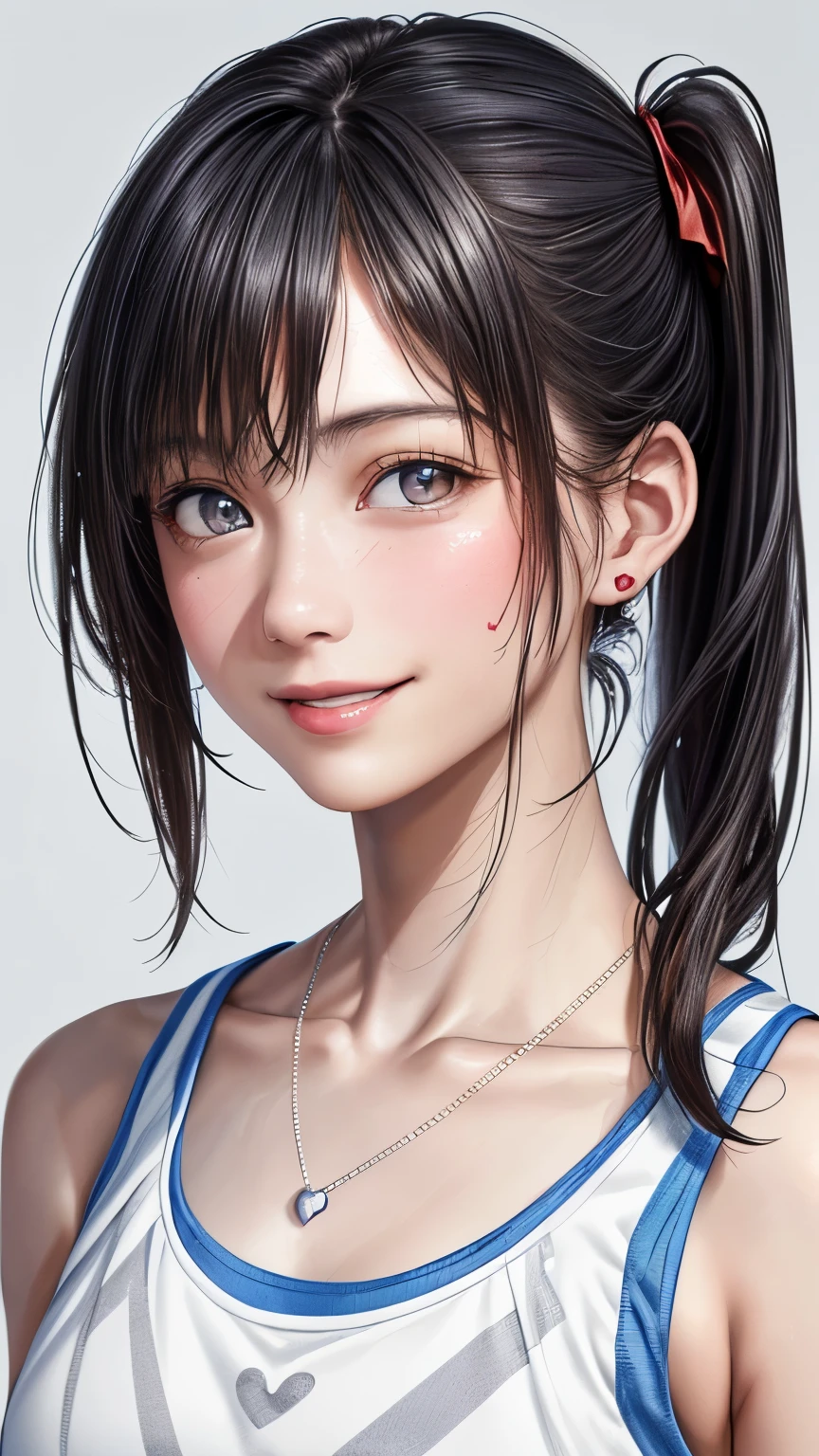 (highest quality、8k、32K、masterpiece)、(realistic)、(Photoreal:1.2)、(High resolution)、Super detailed、very beautiful face and eyes、1 girl、round and small face、thin waist、delicate body、(close、highest quality、high detail、rich skin details)、(highest quality、8k、oil paint:1.2)、Super detailed、(realistic、realistic:1.37)、bright colors、(((red hair)))、(((bust shot)))、(((It is a side ponytail)))、(((pure white wall background)))、(((The background is a pure white wall)))、(((I am wearing a tank top with a white and gray striped pattern.)))、(((white and gray tank topです)))、(((white and gray tank top)))、(((I&#39;m smiling)))、(((touching my lips)))、(((facing straight ahead)))、(((wearing a heart-shaped necklace)))、(((sweaty skin)))、(((The innerwear is visible on the collarbone)))