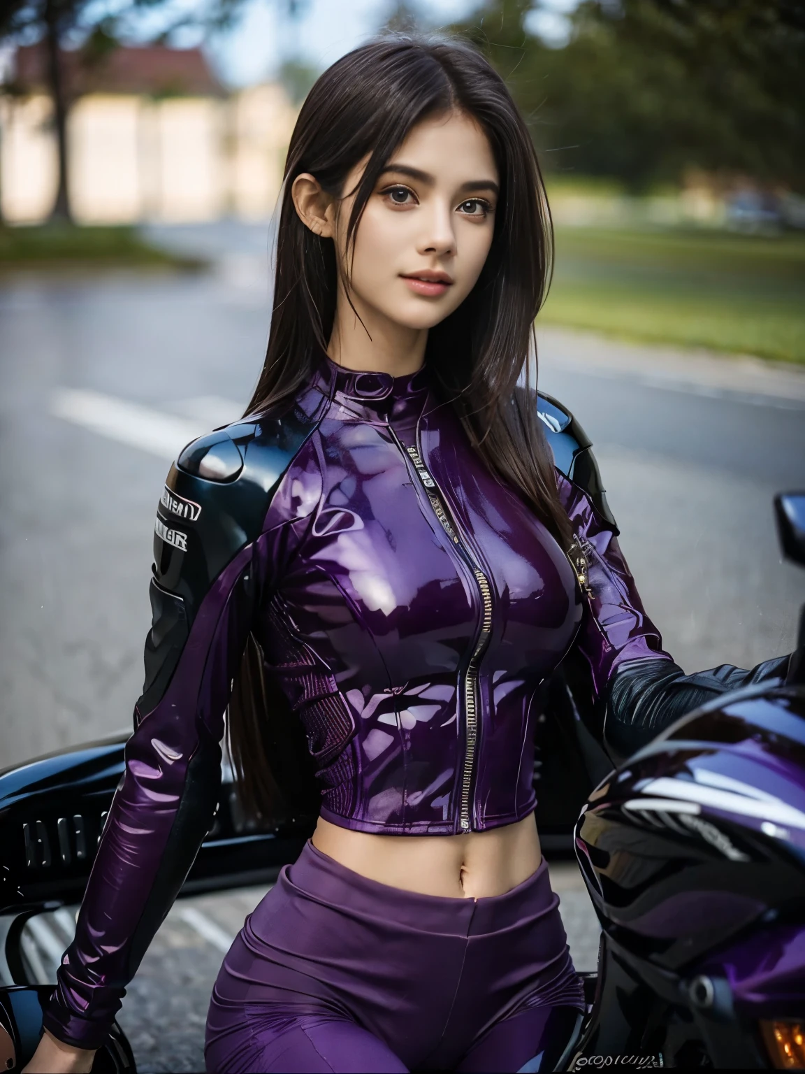  (realistic:1.5), 8k, Super delicate beauty, 1 girl, intricate motorcycle details, (short: 1.3), (highest quality: 1.0), (Super high sharpness: 1.0),（Beautiful and delicate depiction of eyes）,((((riding a motorcycle)))),unreal engine:1.4, photorealistic:1.4, skin texture:1.4, masterpiece:1.8,highest quality、smile、long limbs、((Purple rider suit and long pants))、thin、short hair