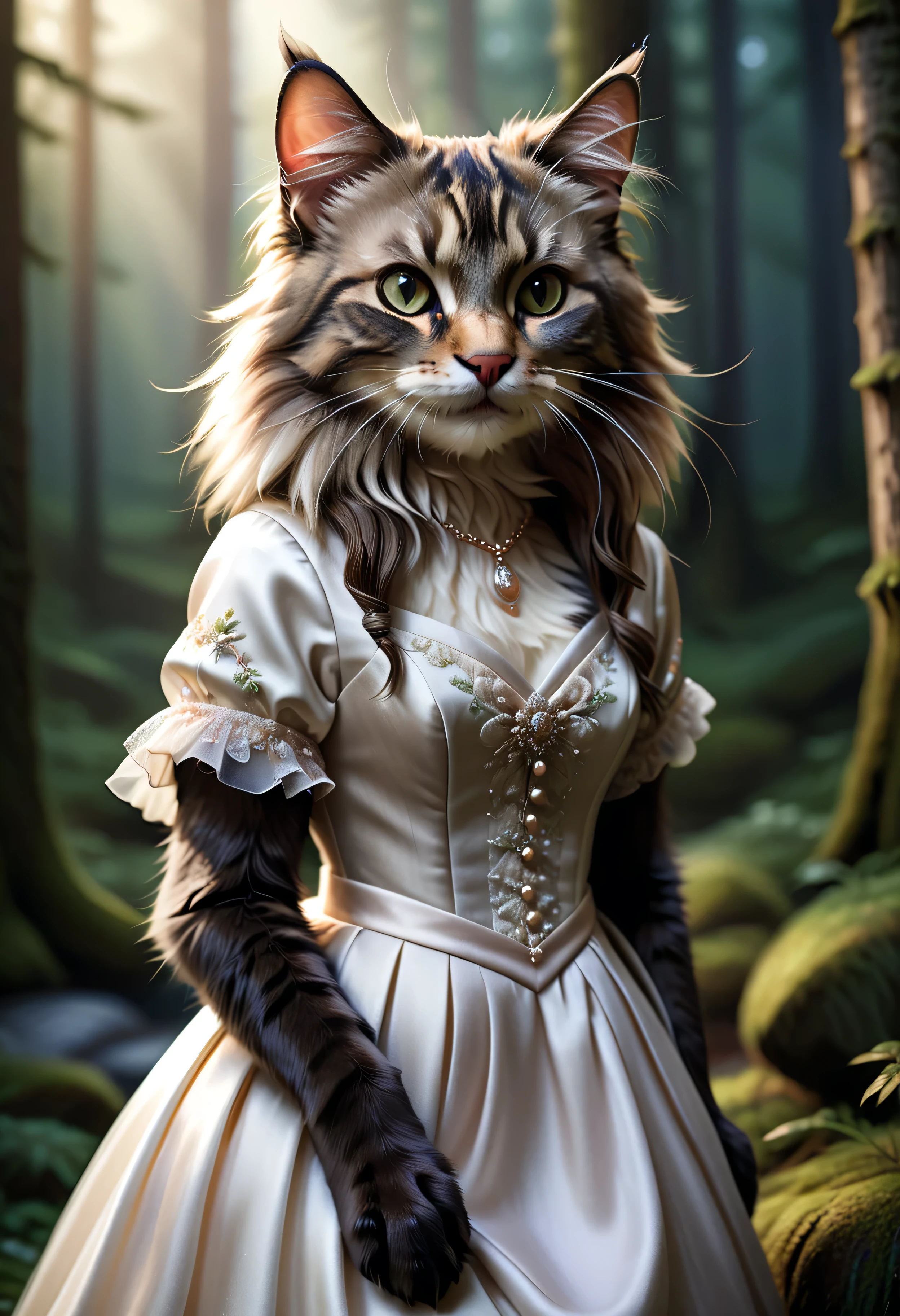 create something surreal, Ultra-high resolution 16K image of Norwegian Forest Cat in cute costume. cat is smiling, Show off your luxurious long fur, Big size, bushy tail, and bushy ears, Characteristics of the breed. Clothes are also sophisticated.; Cat wears a custom-made wedding dress that fits her shape perfectly. The background is a forest, Enhances your cat&#39;s adorable appearance. the lighting is soft, Highlight the texture of the cat&#39;s fur and the fabric of the dress, Add depth and realism to your scenes