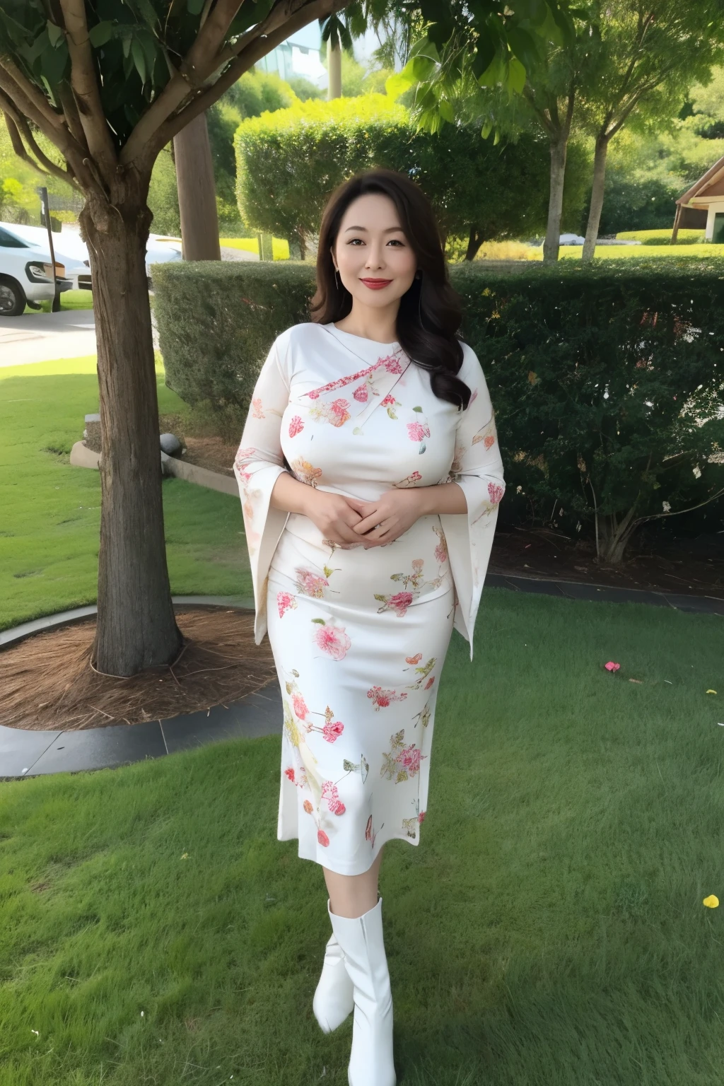 Draw lips correctly, red lipstick, from chest up, best quality, Super detailed, lifelike, Super fine skin, perfect anatomy, (1 日本Mature的女人), (alone),Wear a floral green round neck dress,white boots,wavy long hair,37-year-old female,Mature,charming smile,outdoor background,stand,Leg length,Chubby,Big breasts,stand up,full-body shot