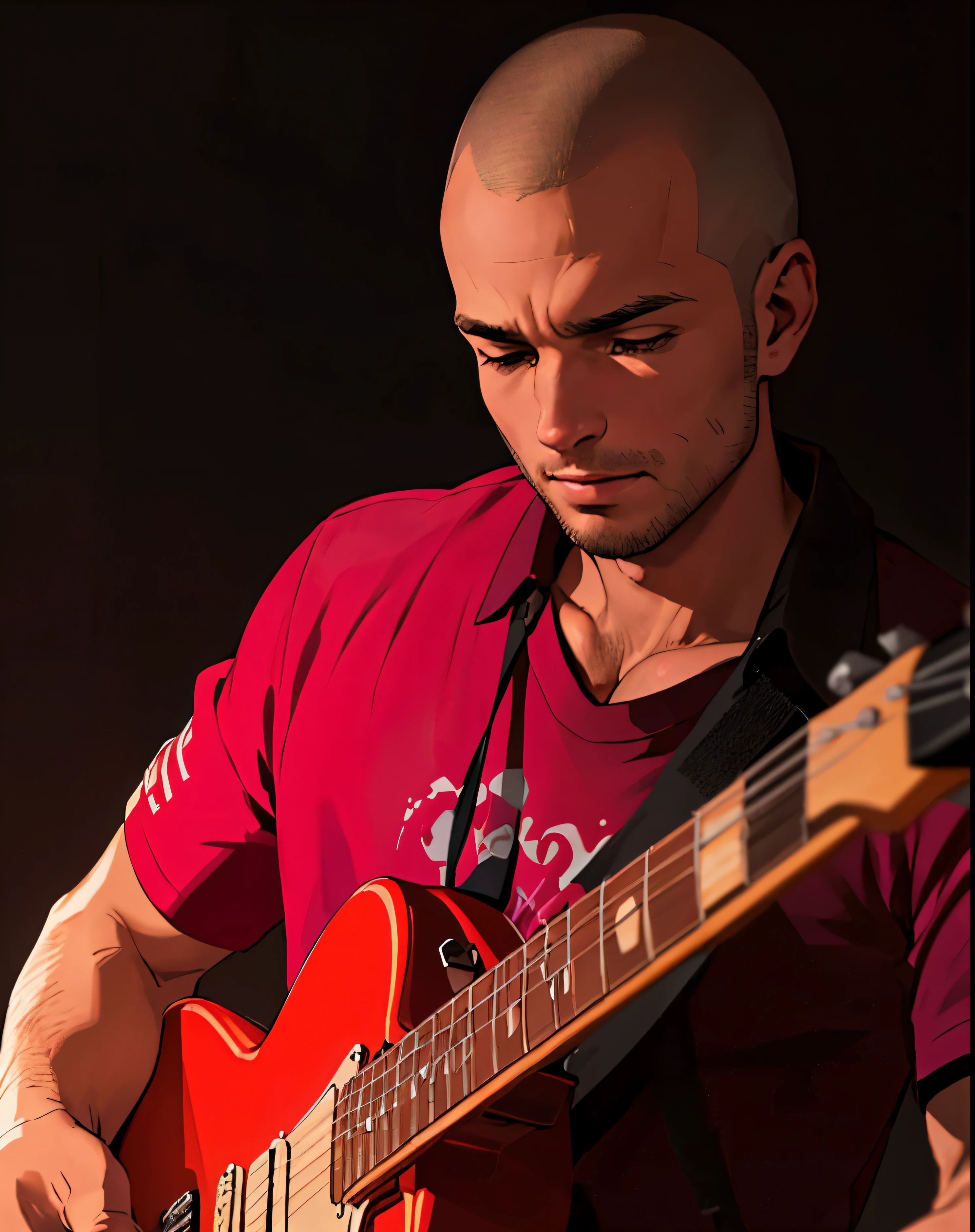 No centro do palco, A young man with a shaved head, Guitarist dedicates himself completely to his red Fender Stratocaster, ripping out notes with palpable passion. Sua camiseta preta destaca-se contra a vibrante cor do instrumento, while your nimble fingers dance over the strings, conveying an explosion of emotion.
Os fios do fone de ouvido preto conectam-no ao universo sonoro que cria, allowing you to completely immerse yourself in the music. Seu rosto iluminado revela um sorriso contagiante, indicando o puro prazer que sente ao compartilhar sua arte com a plateia.
Ao fundo, an imposing Fender amplifier delivers power, sound that fills space, further elevating the musical experience. Ao lado do guitarrista, a meticulously organized pedalboard houses your faithful allies: um pedal de delay que expande as notas no tempo, an overdrive that adds a touch of distortion and a reverb that envelops each chord in an ethereal atmosphere.
The scene is a testament to the communion between the musician and his equipment, creating a visual and sonic experience that resonates deeply with all who are privileged to witness this moment of pure artistic expression.