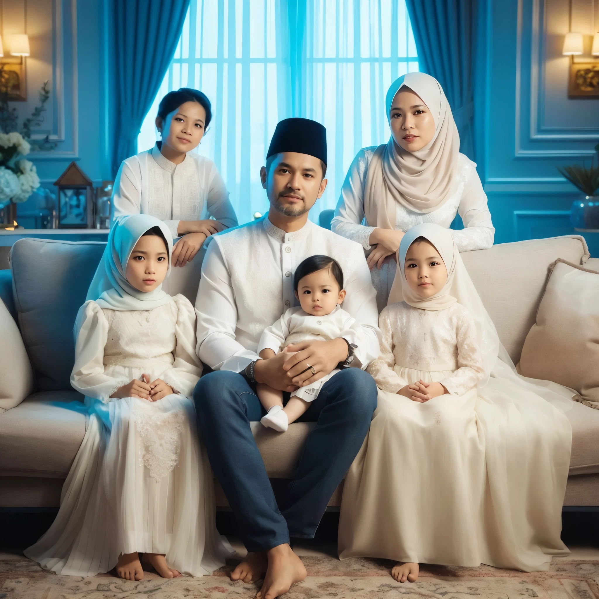 A family photo in Indonesia, with six members. The father and mother are 45 years old, the son is 12 years old, two daughters are 8 and 6 years old, and a baby boy is 2 months old. They are all wearing matching white Muslim clothes, with a luxurious living room as the background. They are sitting on the sofa, with detailed, realistic, ultra HD quality.