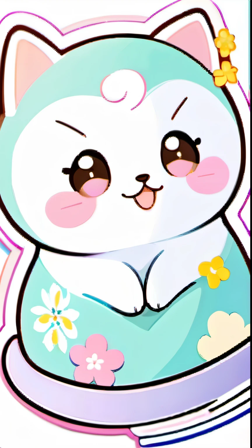 Sticker of a cute, round little animal with big, sparkling eyes and a gentle smile on its face. It has soft, pastel-colored fur. The small critter is surrounded by dainty, heart-shaped flowers in complementary pastel shades, adding to the sticker's overall charm.The white background provides the perfect canvas for this adorable creature, allowing its pastel features to pop and catch the eye. The sticker design exudes a warm and playful energy, making it an endearing addition to any item it adorns.