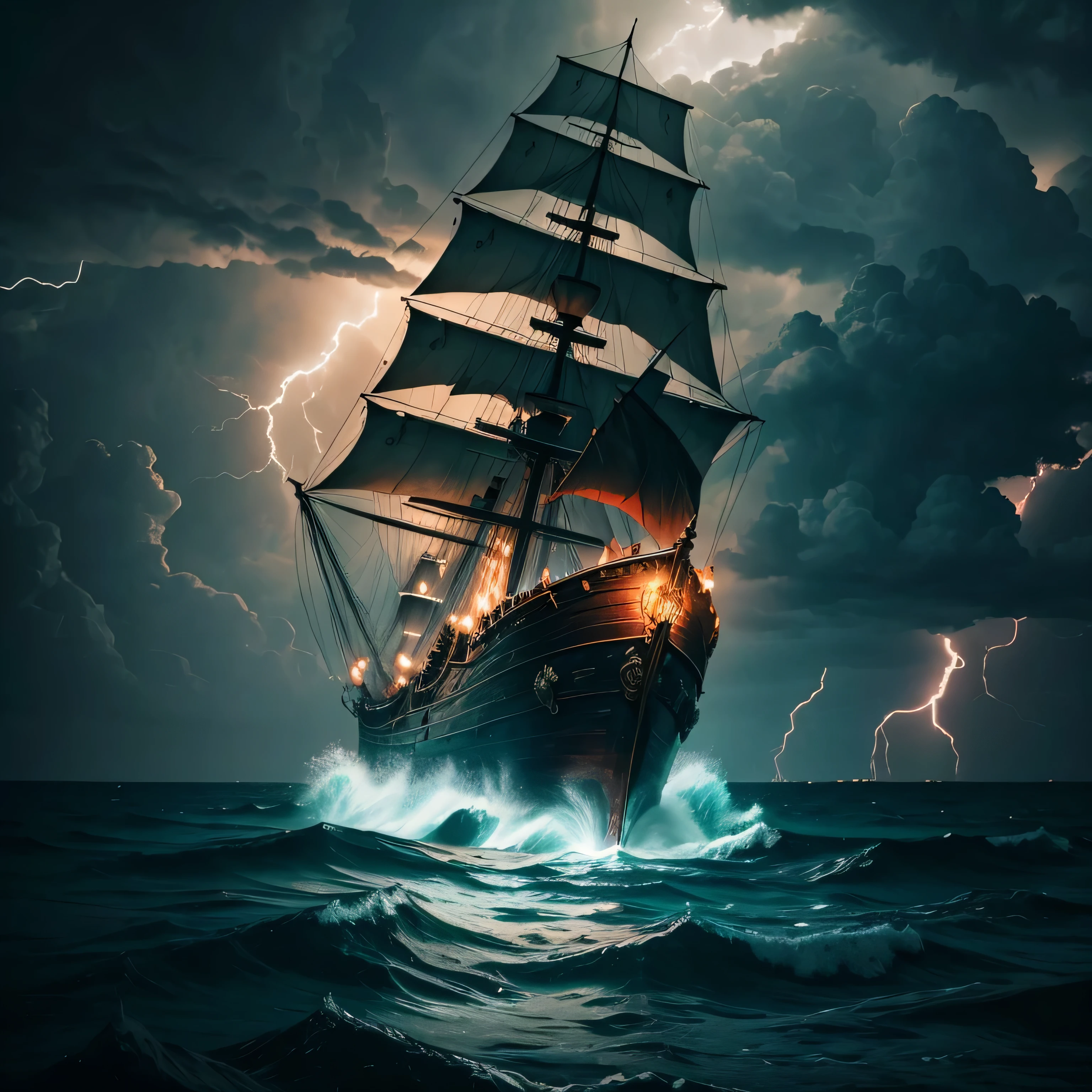 un enorme barco pirata, in the middle of a storm with lots of lightning and sparks, las velas con la imagen de la bandera pirata, olas golpeando el acantilado, horror movie from the 40s. Chiaroscuro lighting, cinematographic, gran calidad. Gran toma amplia.