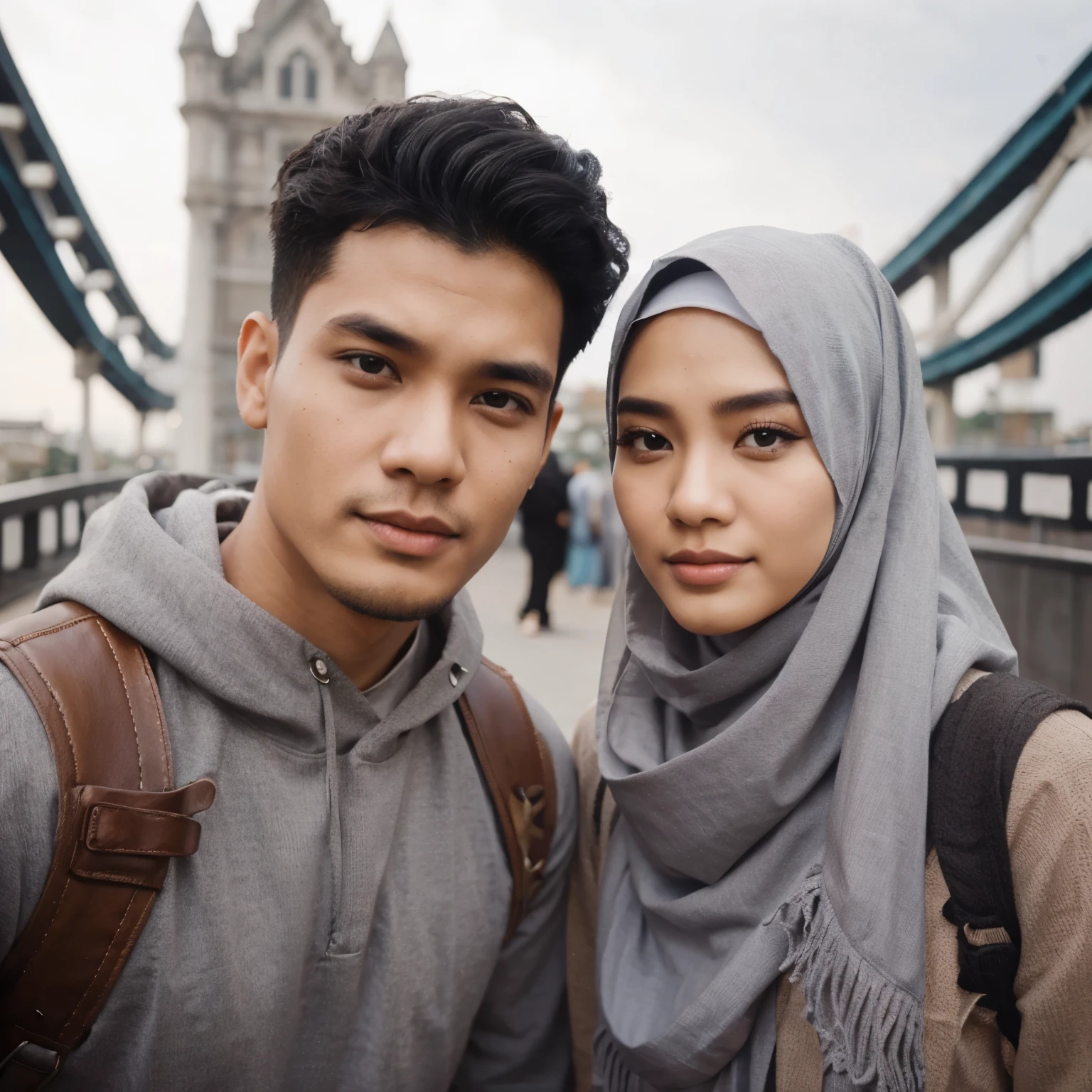 Indonesian couple. Women wearing hijab, man black fade hair.
