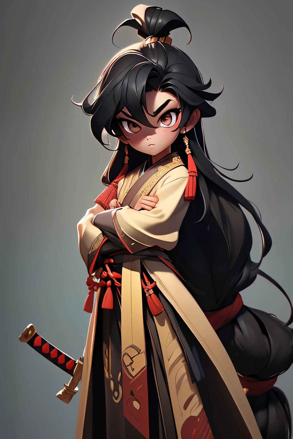 1 samurai girl, slim, Cowboy shooting,arms,sword,long hair,black hair,Keep,alone,持有arms,Blood,holdingsword,Arm guards,simple background,arms上有Blood迹,view viewer,black eyes,or,Floating hair,(original photo, 4k, actual, Fine skin details), masterpiece, best quality, official art, unified 8k wallpaper, Super detailed,(dark scene,low pitch,soft light), like appearance,high saturation,best anatomy,volumetric fog,