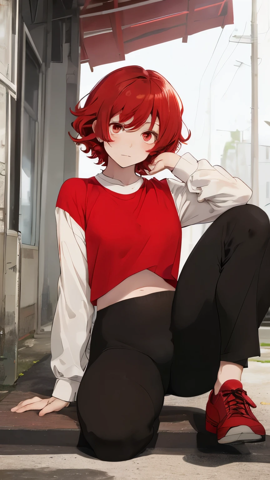 ,short red curly hair, black pants,white skin, red long sleeve shirt,no smiling, large brown eyes,solo,boy,male, sitting on the ground, seen from behind, large hips