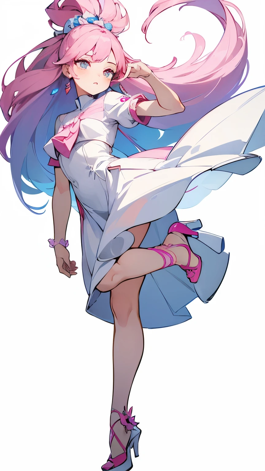 ((best quality)), ((masterpiece)), ((actual)), (Character whole body), (((best quality, high quality))), ((((ultra high definition, high resolution))), (concept art), 1 girl, Standing whole body, clear facial features,Clean line design,Transparent Background,(masterpiece,top quality,best quality, clear facial features,beautiful眼睛,beautiful脸), beautiful, (((Simple and detailed))) (((White background))) 6 heads and half body, pink, Marshmallow, High heel,full body portrait,cool moves