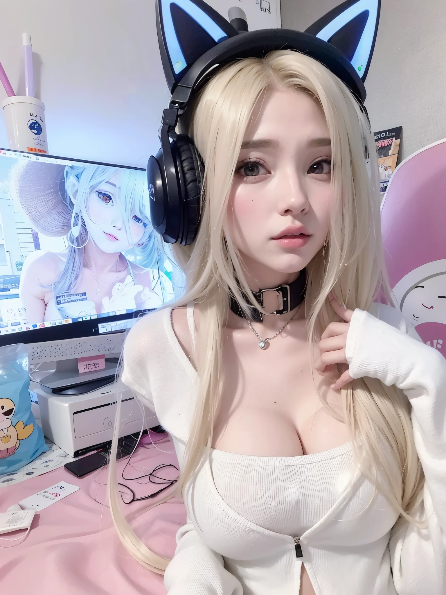 Chica de pelo rubio con auriculares y orejas de gato posando para una foto., muy hermosa linda catgirl, Chica Gato Blanco, beautiful chica gata anime, chica anime en la vida real, bella delfina, chica gato atractiva, chica gata anime, tendencia en cgstation, chica anime cosplay, inspirado en anime, tendencia en cgstation, muy hermosa chica gato anime