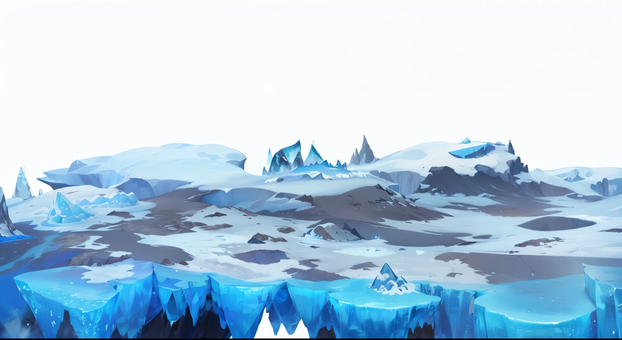 There is a very large iceberg，There is a lot of ice on it, icy tundra background, Iceberg in the background, Icicle background, icy mountains, Surreal frozen landscape, cold scenery, iceberg in the distance, icy mountains in the background, vast ice dungeon, There are snow mountains and ice, isolated Backdrop, an ice volcano, cave background