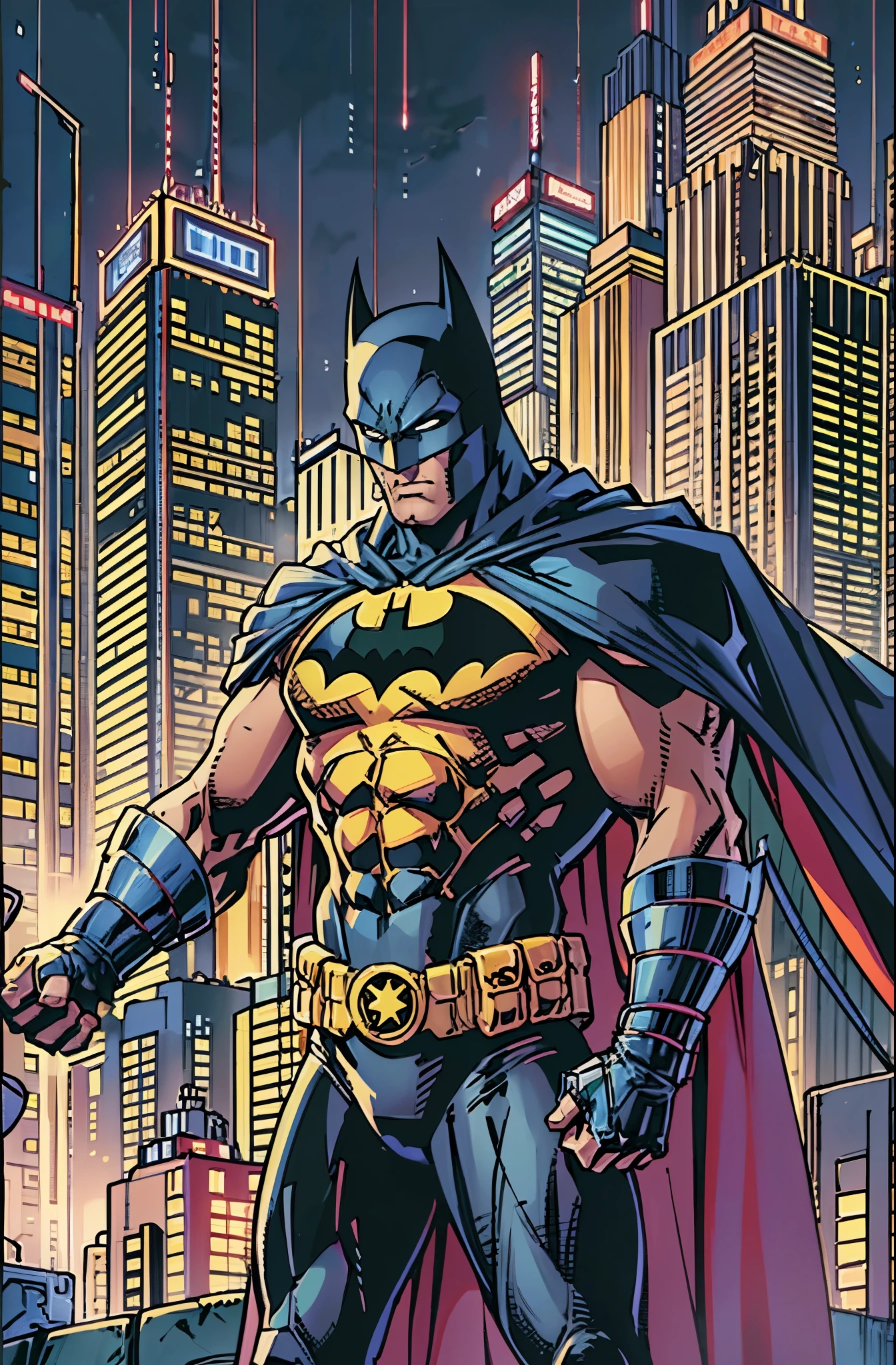 illustration, absurdres, masterpiece, 1boy, jim lee ,batman, standing, night, city, male focus,serious, on roof,cape,black armor, serious, cowboy shot, heavy downpour, floating cape,90s cartoons ,marvel comic，The background is New York City，Professional comic style, prominent contour lines