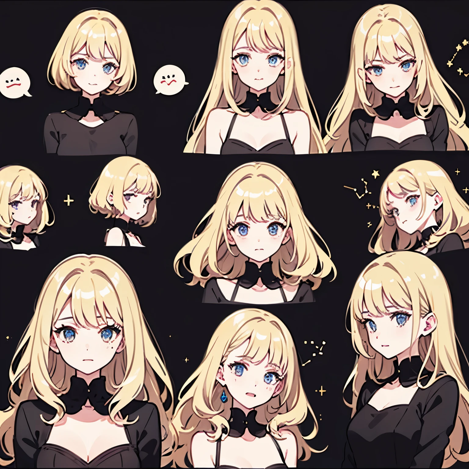 Bad girl avatar，Blonde wavy hair，messy hair，Scheming woman(9 emoticons，Emoji table，constellation)，9 poses and expressions（sad，surprise，having fun，excited，giggle，smell the rat，angry，touch your head，Acting cute, wait），Black strokes，various emotions，8k