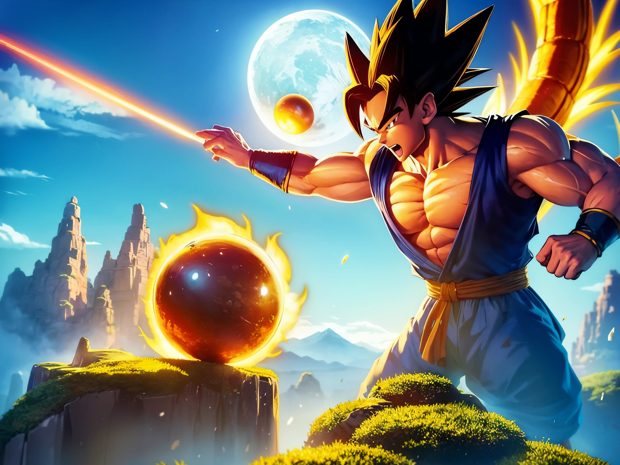 dragonball,shiny seven dragon balls,float above shenron,A agile goku standing on top of the towering cliff,pointing at them,best quality,ultra-detailed,realistic,colorful,vivid colors,hdr,sharp focus,lush background, dynamic dragon ball animation, intense light effects