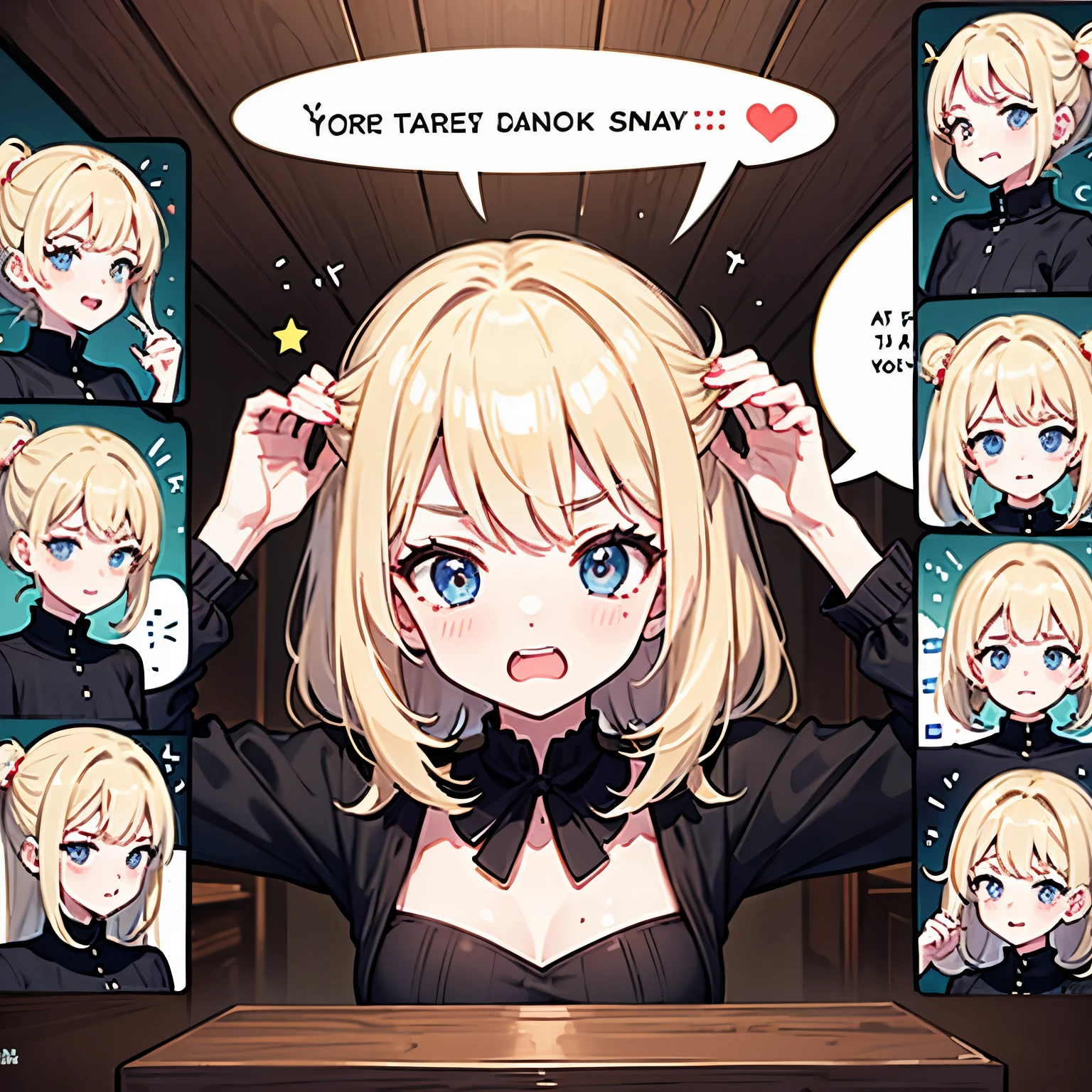 Bad girl avatar,Blonde wavy hair,messy hair,Scheming woman(9 emoticons,Emoji table,constellation),9 poses and expressions(sad,surprise,having fun,excited,giggle,smell the rat,angry,touch your head,Acting cute, wait),Black strokes,various emotions,8k