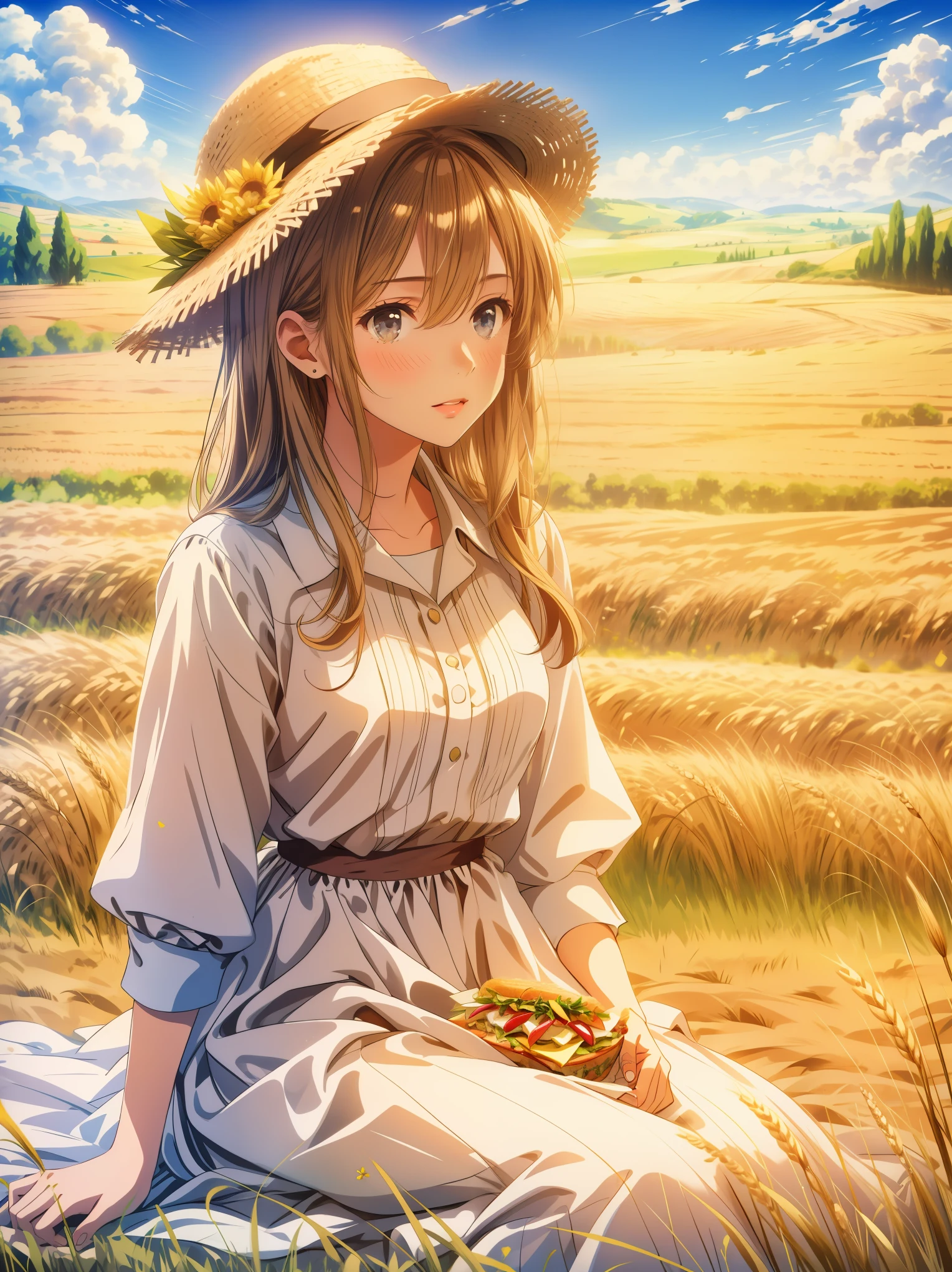(masterpiece, highest quality), surreal, very detailed, young farmer woman in linen dress, sitting in the middle of a wheat field, leaning against a haystack, eat a sandwich and drink milk,