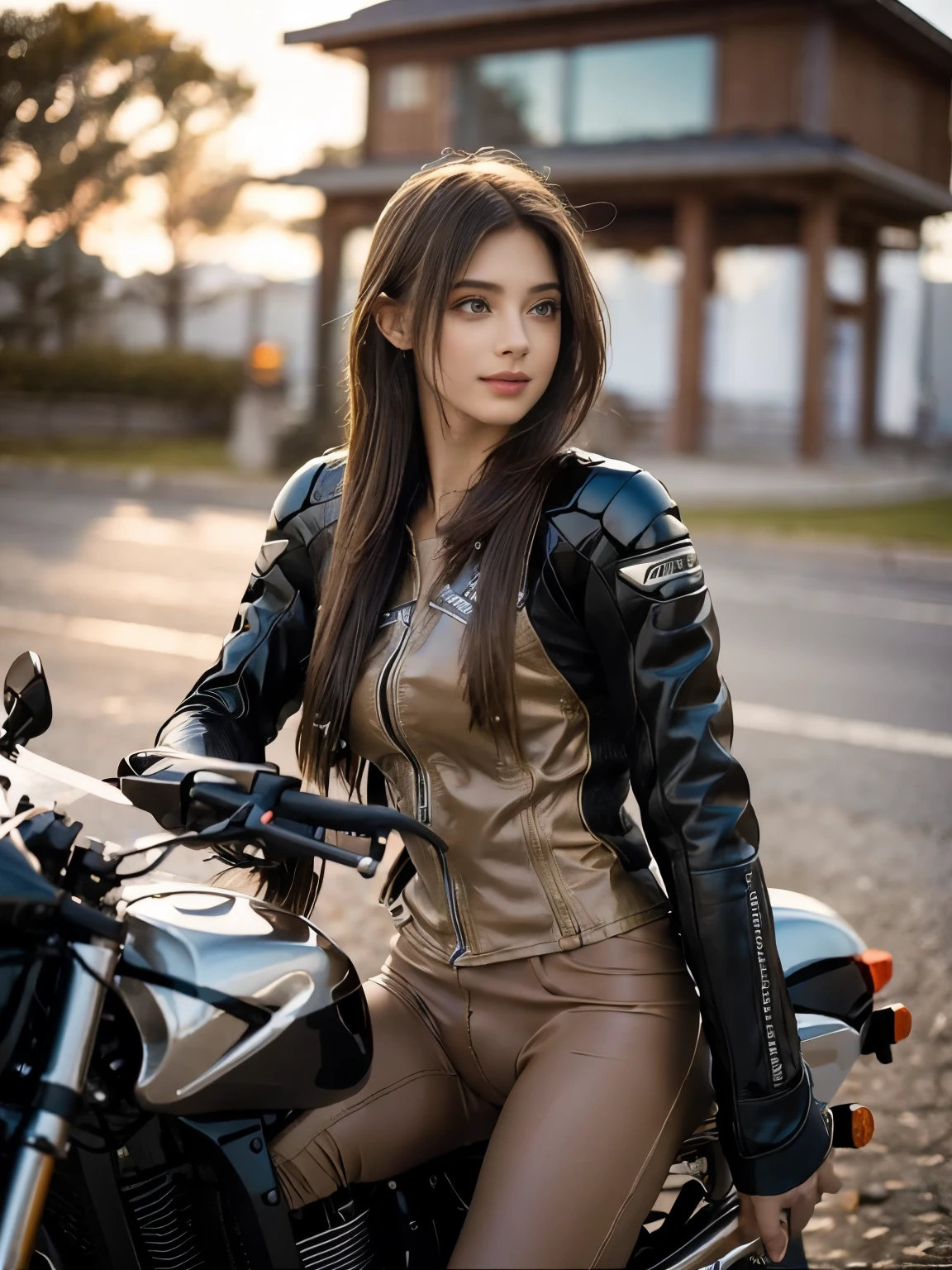  (realistic:1.5), 8k, Super delicate beauty, 1 girl, intricate motorcycle details, (short: 1.3), (highest quality: 1.0), (Super high sharpness: 1.0),（Beautiful and delicate depiction of eyes）,((((riding a motorcycle)))),unreal engine:1.4, photorealistic:1.4, skin texture:1.4, masterpiece:1.8,highest quality、smile、long limbs、((Light brown rider suit and long pants))、short hair