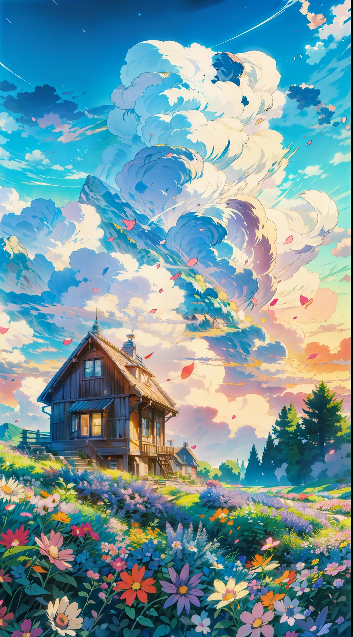 a painting of a house in a field of flowers, field of fantasy flowers, an aesthetic field of flowers, night sky full of flowers, dream scenery art, flower field, flowery cottage, meadow background, ( colorful ), anime beautiful peace scene, background of flowery hill, colorful anime movie background, magical colorful flowers, anime background art, anime scenery, house background