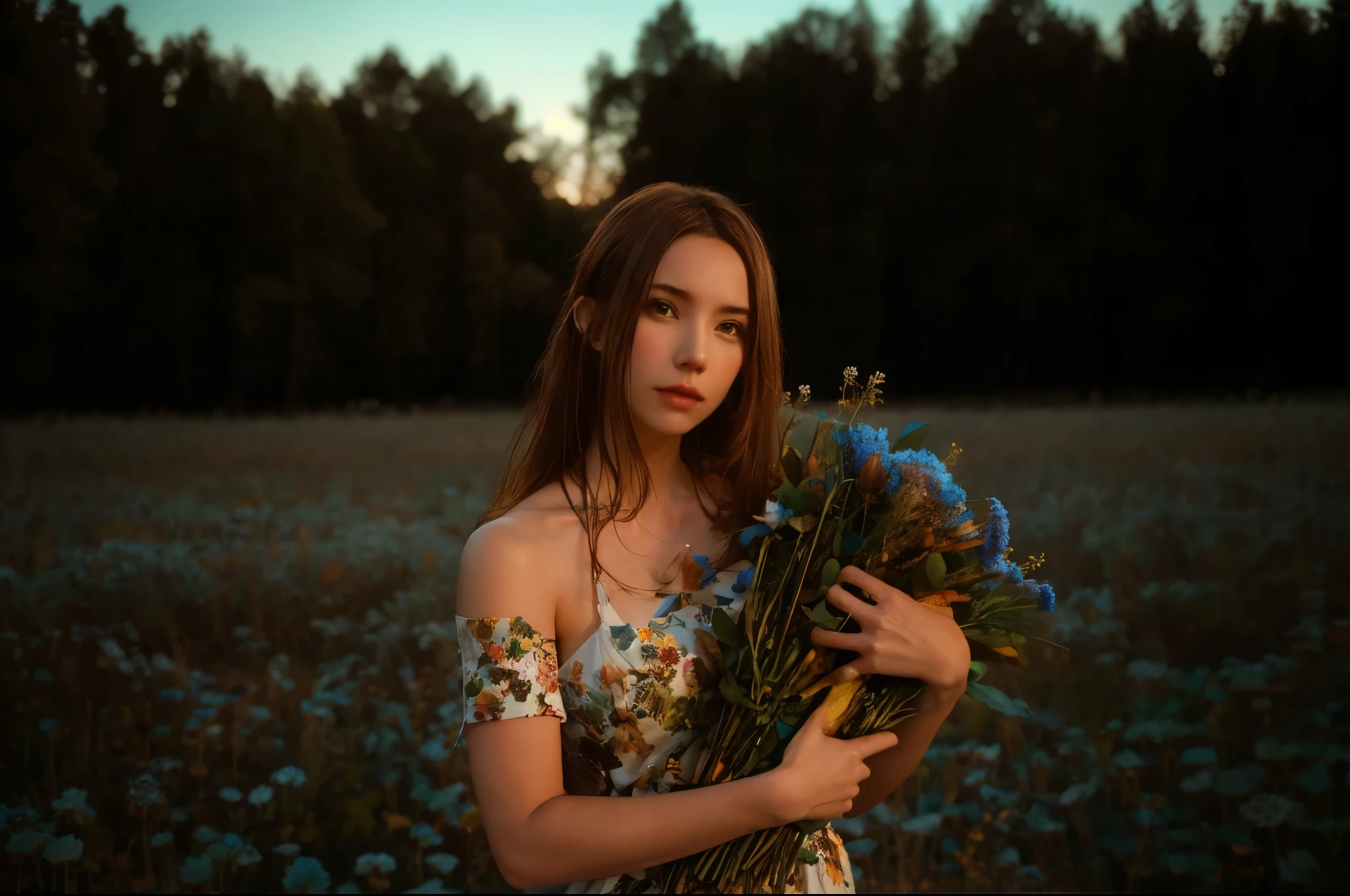 there is a woman holding a bunch of flowers in a field, in a field with flowers, inspired by Elsa Bleda, with frozen flowers around her, shot at golden hour, standing in a field with flowers, a goddess in a field of flowers, in a field, with flowers, female portrait with flowers, in a field of flowers, kind cyborg girl with flowers