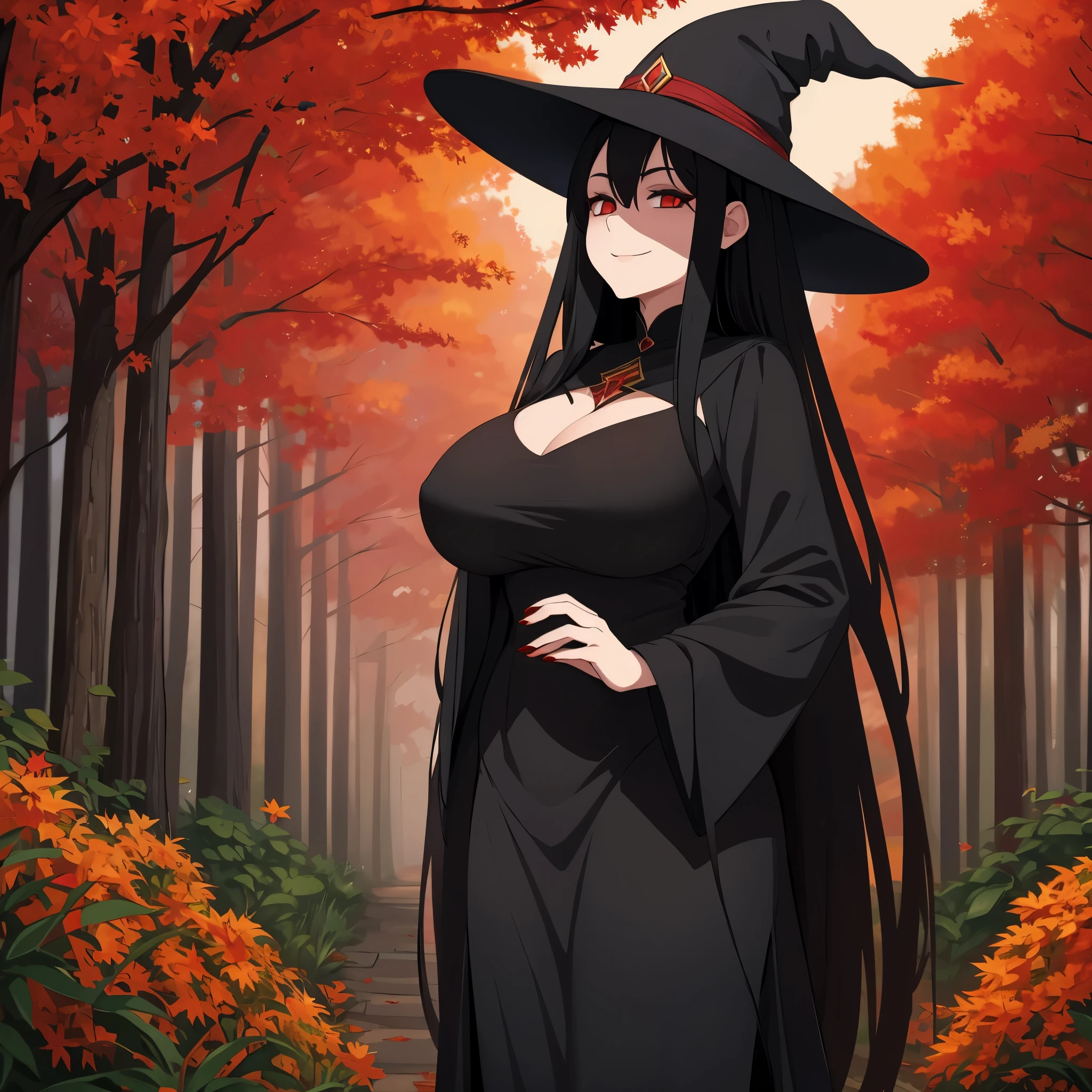 Woman in black outfit with red sorceress details, long black hair, red eyes, witch hat, smiling, big breasts, with red magical power in her hands, in an autumn themed garden
