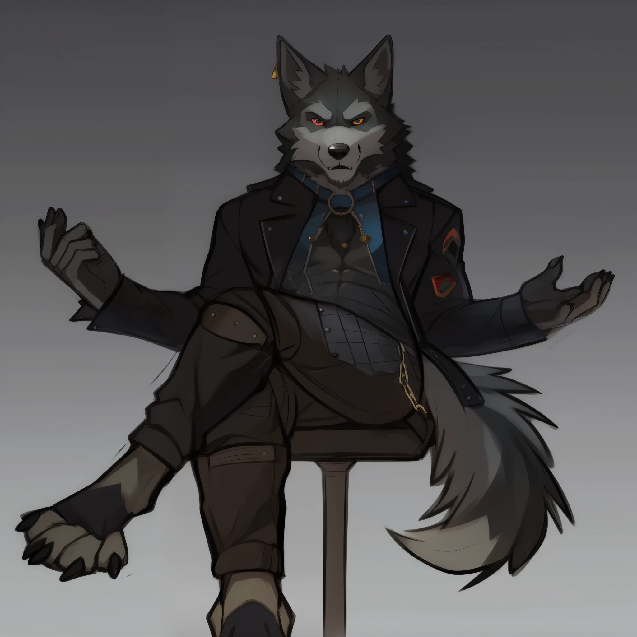 hay un dibujo de un lobo sentado en un taburete, un lobo antro, lobo antropomorfo male, concepto detallado de cuerpo completo gris, an anthropomorphic wolf, full body commission for, macho lobo antropomorfo, lobo antropomorfo, lobo antropomorfo, Arte conceptual de anthro, concepto de personaje poco realista