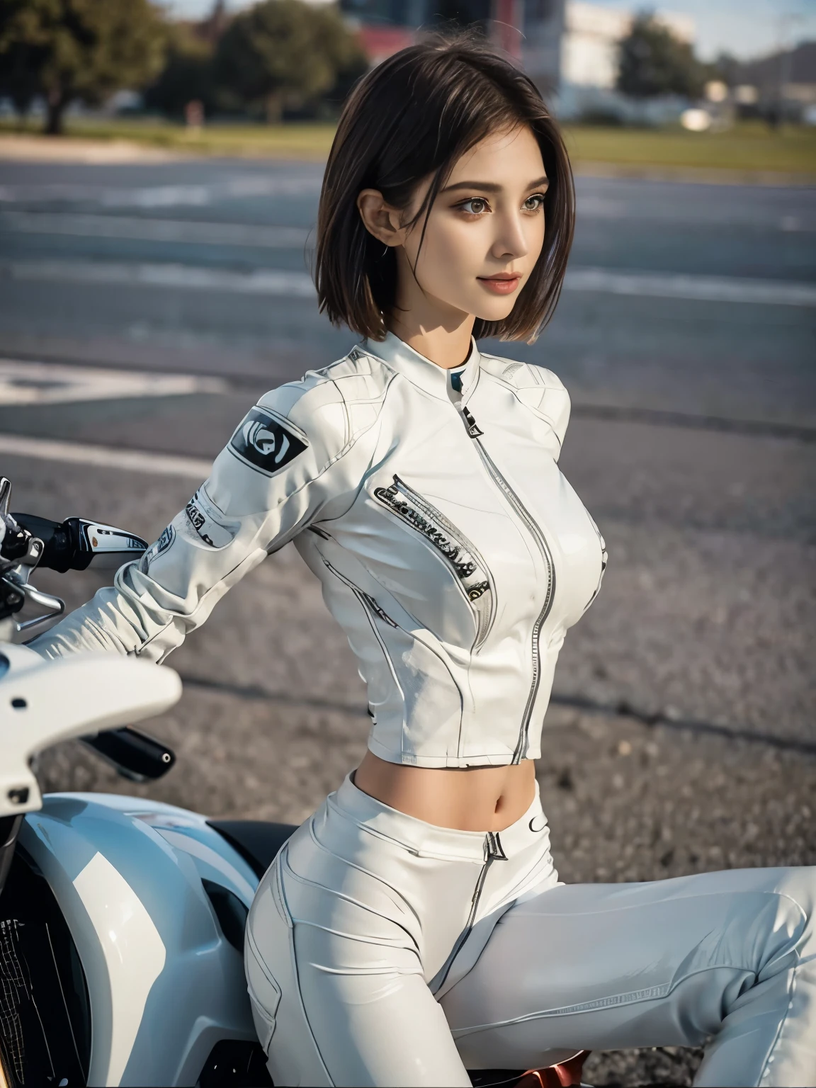  (realistic:1.5), 8k, Super delicate beauty, 1 girl, intricate motorcycle details, (short: 1.3), (highest quality: 1.0), (Super high sharpness: 1.0),（Beautiful and delicate depiction of eyes）,((((riding a motorcycle)))),unreal engine:1.4, photorealistic:1.4, skin texture:1.4, masterpiece:1.8,highest quality、smile、long limbs、((white rider suit and long pants))、short hair