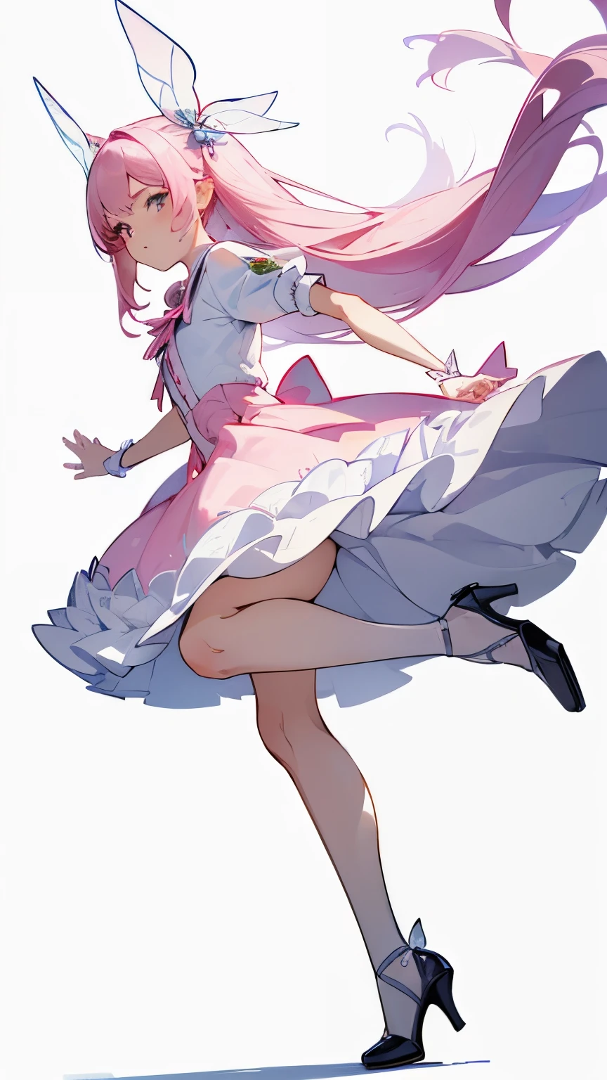 Cute, 1girl, pink hair ponytail, white shirt, black skirt, see through pantyhose, smile, pink eyes