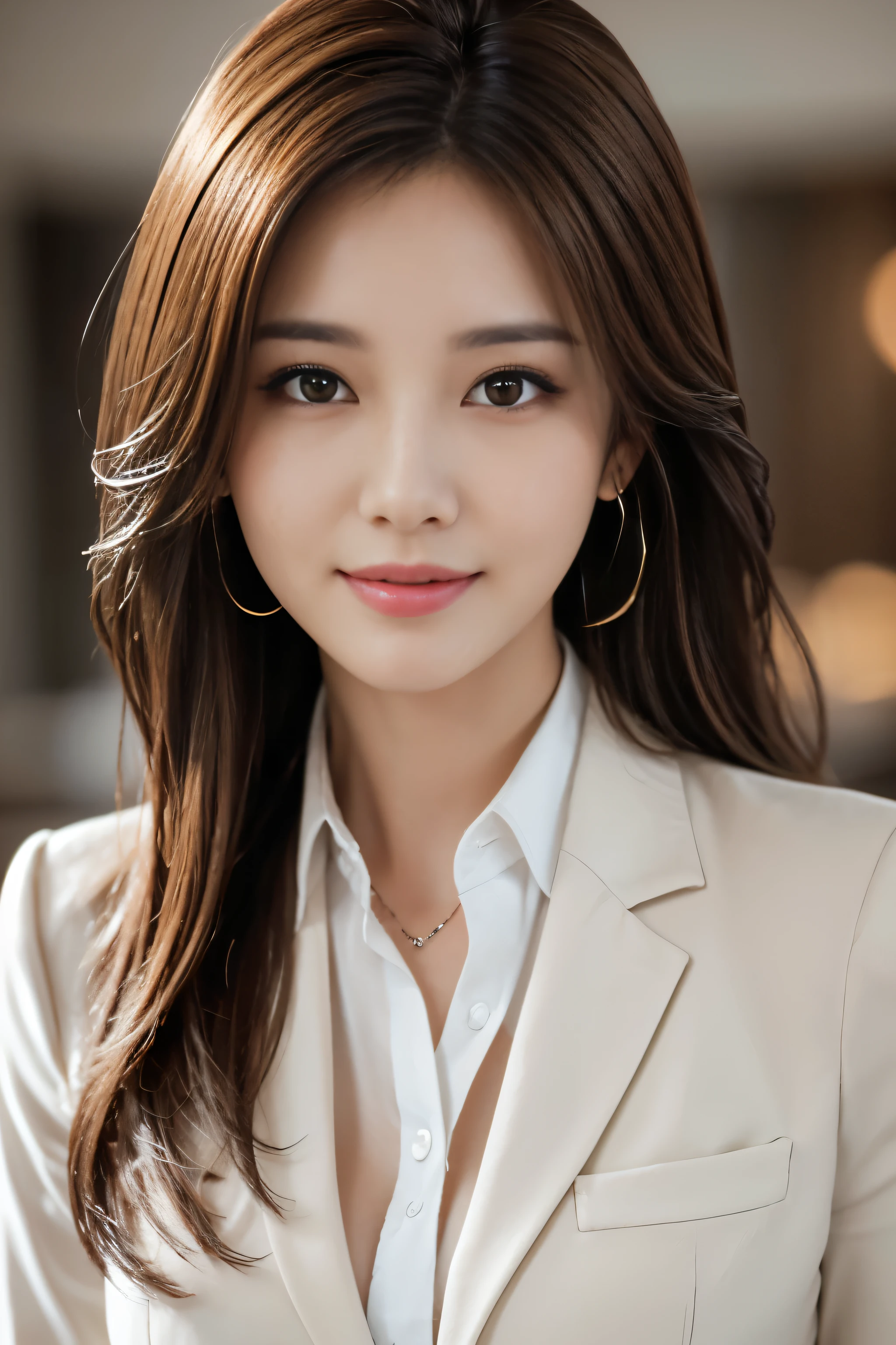 table top, highest quality, realistic, Super detailed, finely, High resolution, 8k wallpaper, 1 beautiful woman,, light brown messy hair, wearing a business suit, sharp focus, perfect dynamic composition, beautiful and detailed eyes, thin hair, Detailed realistic skin texture, smile, close-up portrait, model body shape